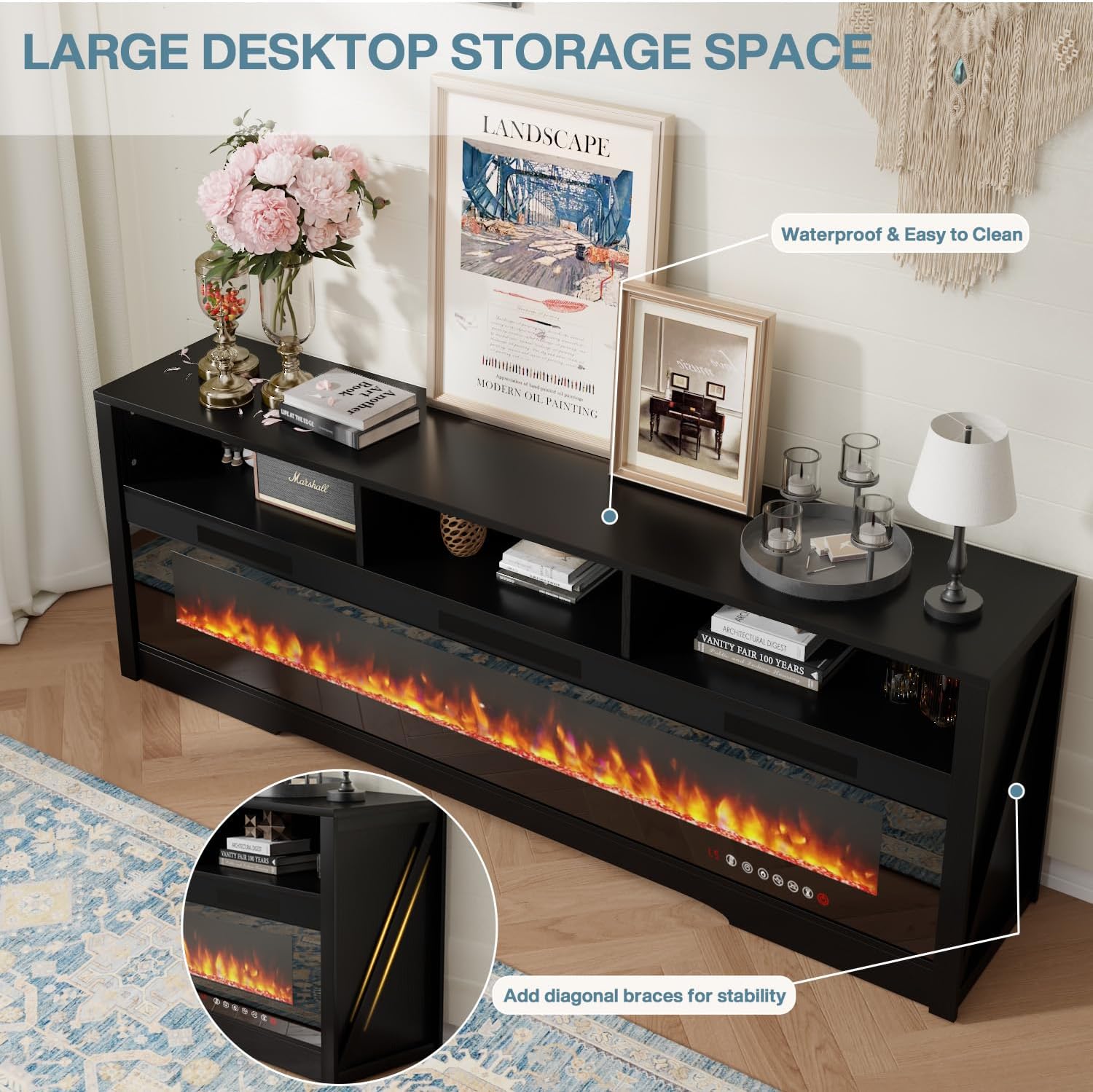 65" Fireplace TV Stand with 60" Glass Electric Fireplace for TVs Up to 75 inch, Modern Fireplace Entertainment Center with Open Storage Shelf, Media Console TV Cabiet for Living Room, Black