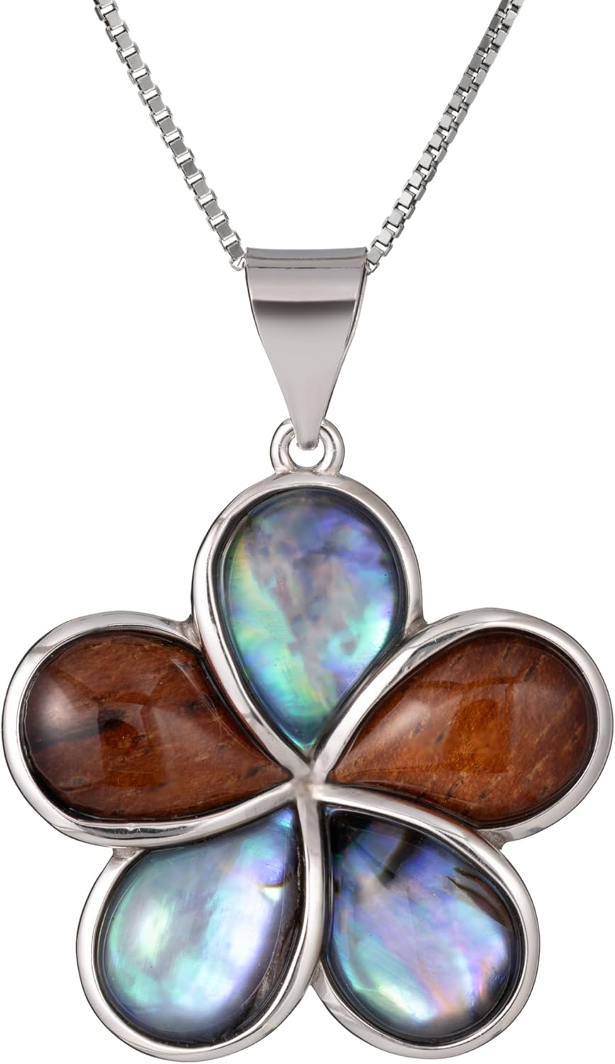 Aloha Jewelry Company Sterling Silver Koa Wood and Abalone Shell Inlay Plumeria Pendant Necklace Pendant with 18" Box Chain, Nickel Free Hypoallergenic for Sensitive Skin, Gift Box Included