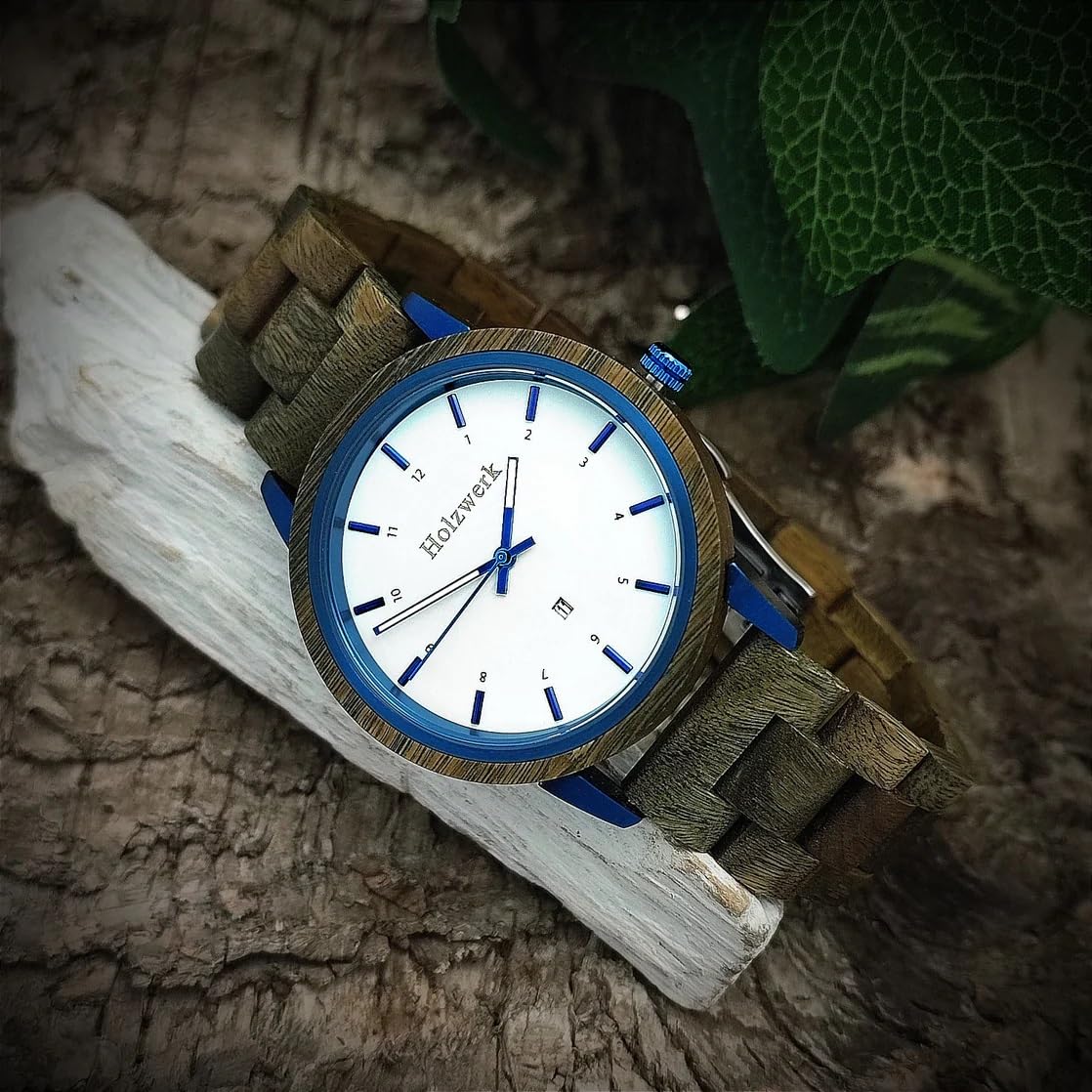 Ręcznie robiony Holzwerk Germany® Designer Unisex zegarek damski zegarek męski ekologiczny naturalny drewniany zegarek bransoletka-zegarek analogowy klasyczny zegarek kwarcowy brązowy niebieski zielony biały, brązowy.
