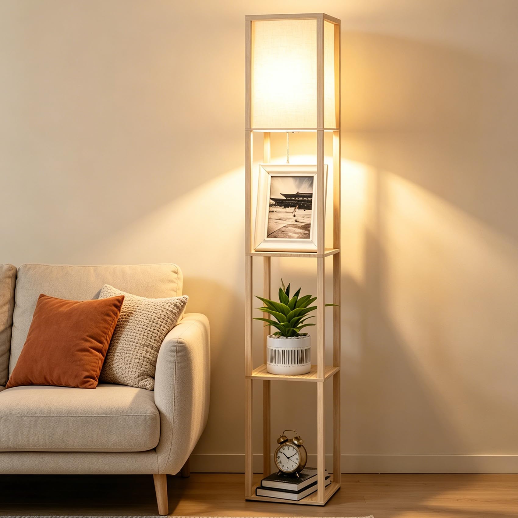 ARTETHYS Floor Lamp with Shelves, Standing Lamps for Living Room, Tall Lamp with LED Bulb, 3-Tier Storage Shelf, Modern Standard Wooden Lamp for Bedroom, Home Office, Pine