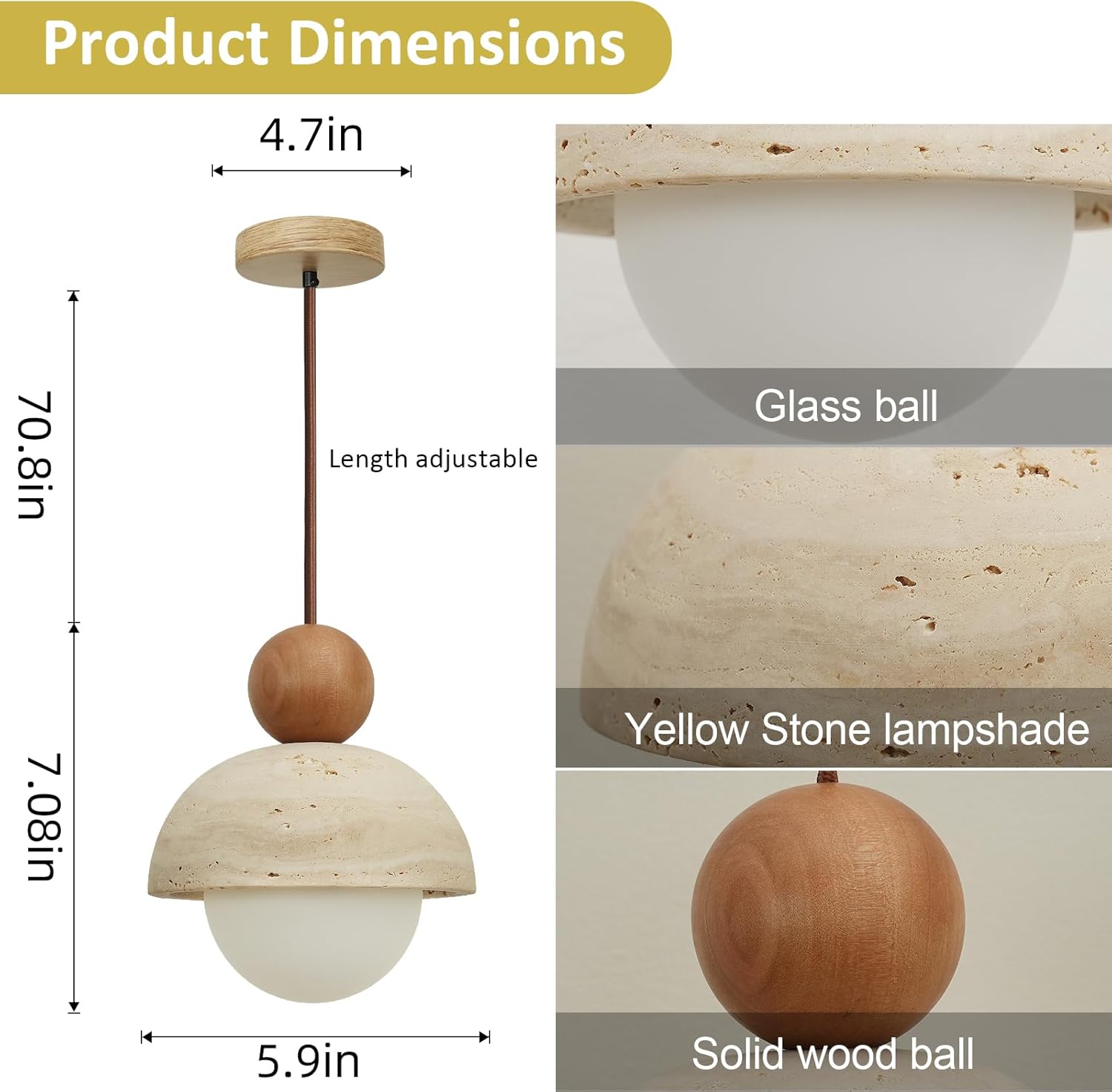 Japanese Lamp Wabi-Sabi Decor Natural Travertine Stone Pendant Light with Glass and Solid Wood Mini Pendant Lights, Using G9 Bulbs, Suitable for Kitchen Island, Dining Room, (Wood Color)