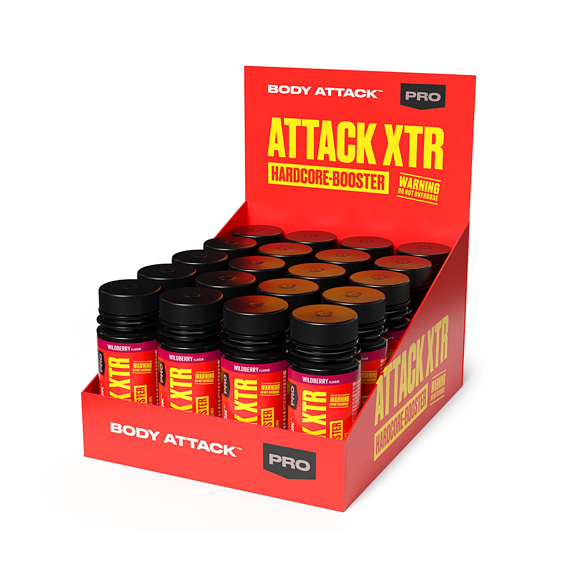 Body Attack Pre Workout Booster XTR Shot Wildberry 20 x 60 ml | 200 mg Koffein, 5 g L-Citrullin (CitruSyn®), 4 g GlycoPump®, 3 g AAKG, 2 g Beta-Alanin, L-Carnitin & Cholin – Ready to Drink