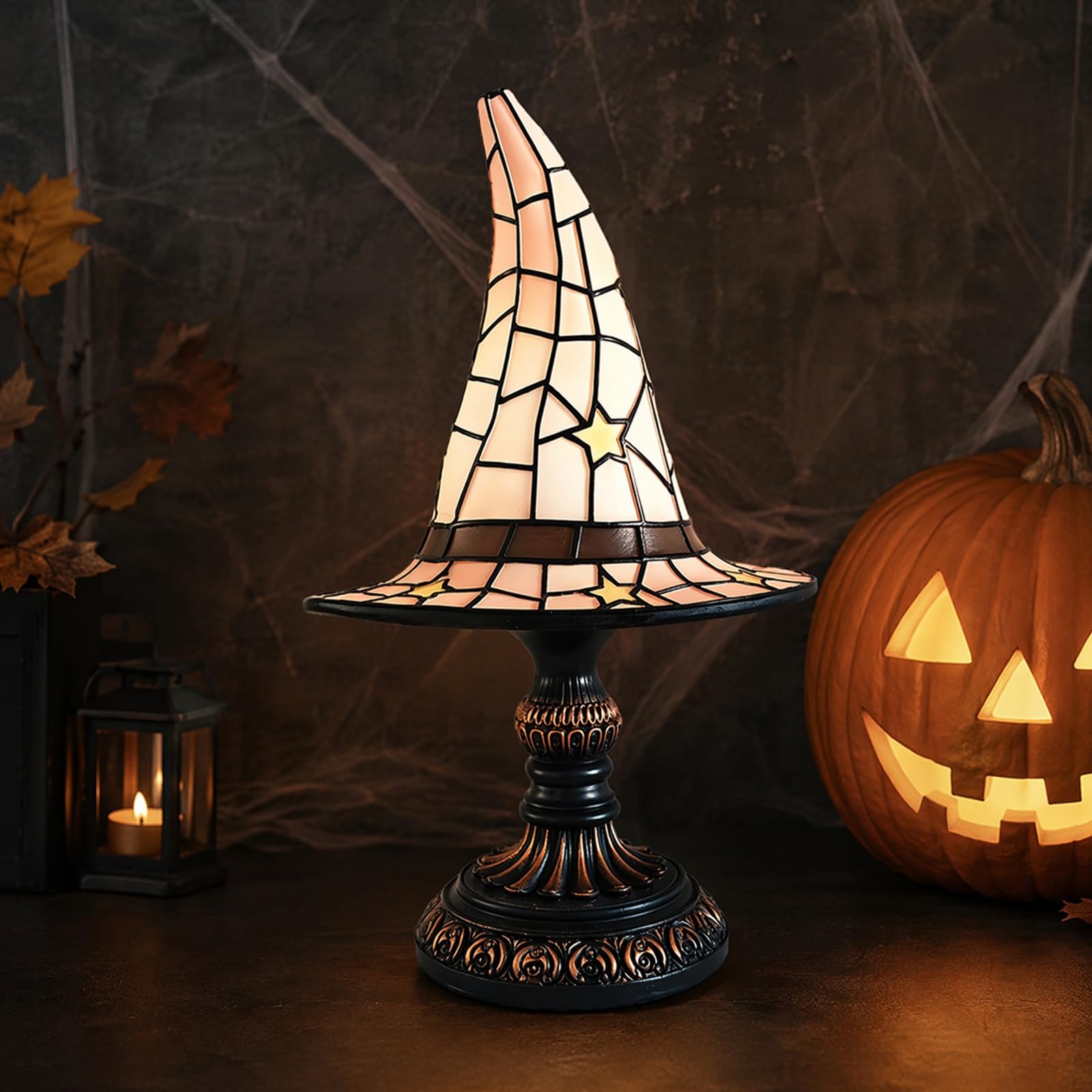 Stained Glass Witch Hat Lamp, Halloween Resin Gothic Wizard Accent Lamp