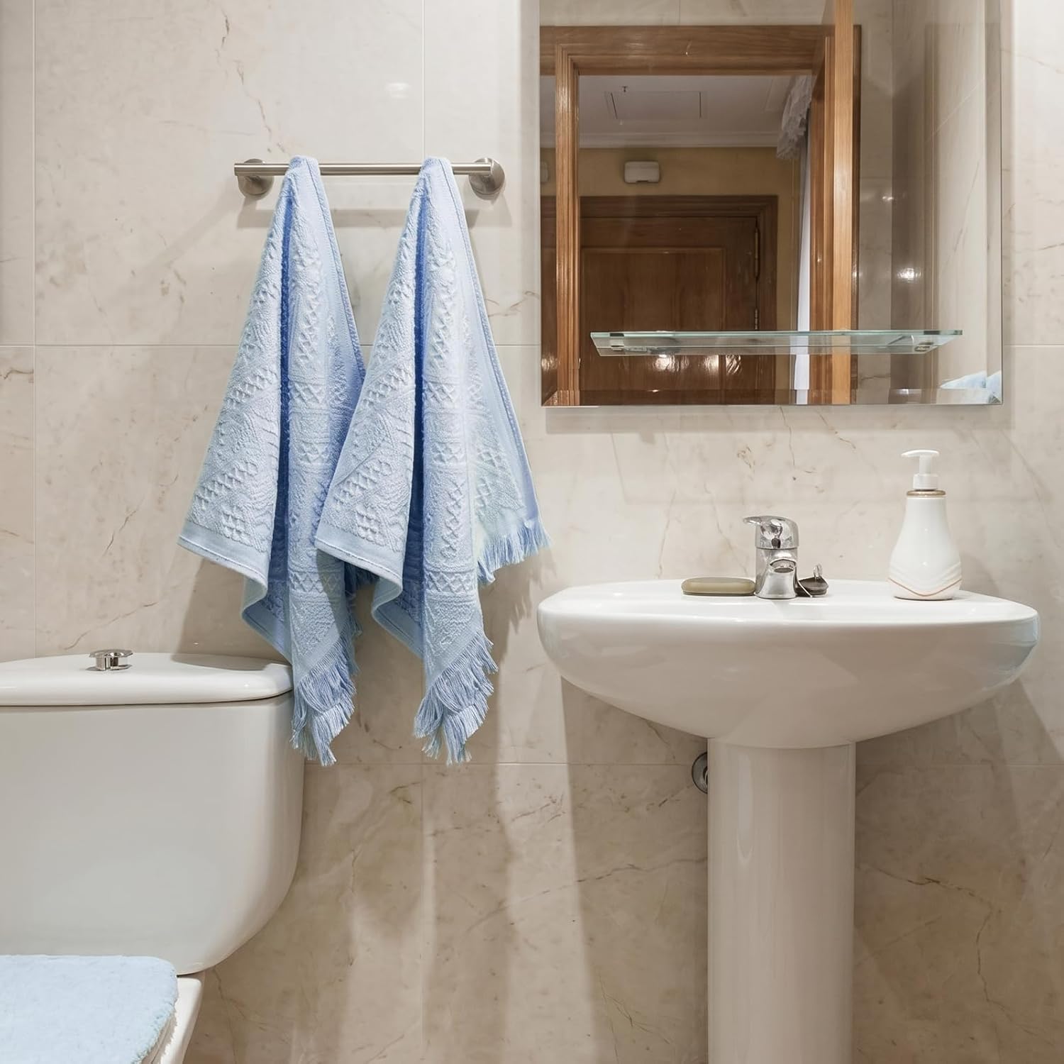 2Pcs Bathroom Hand Towel, Turkish Cotton Face Towel, Light Blue