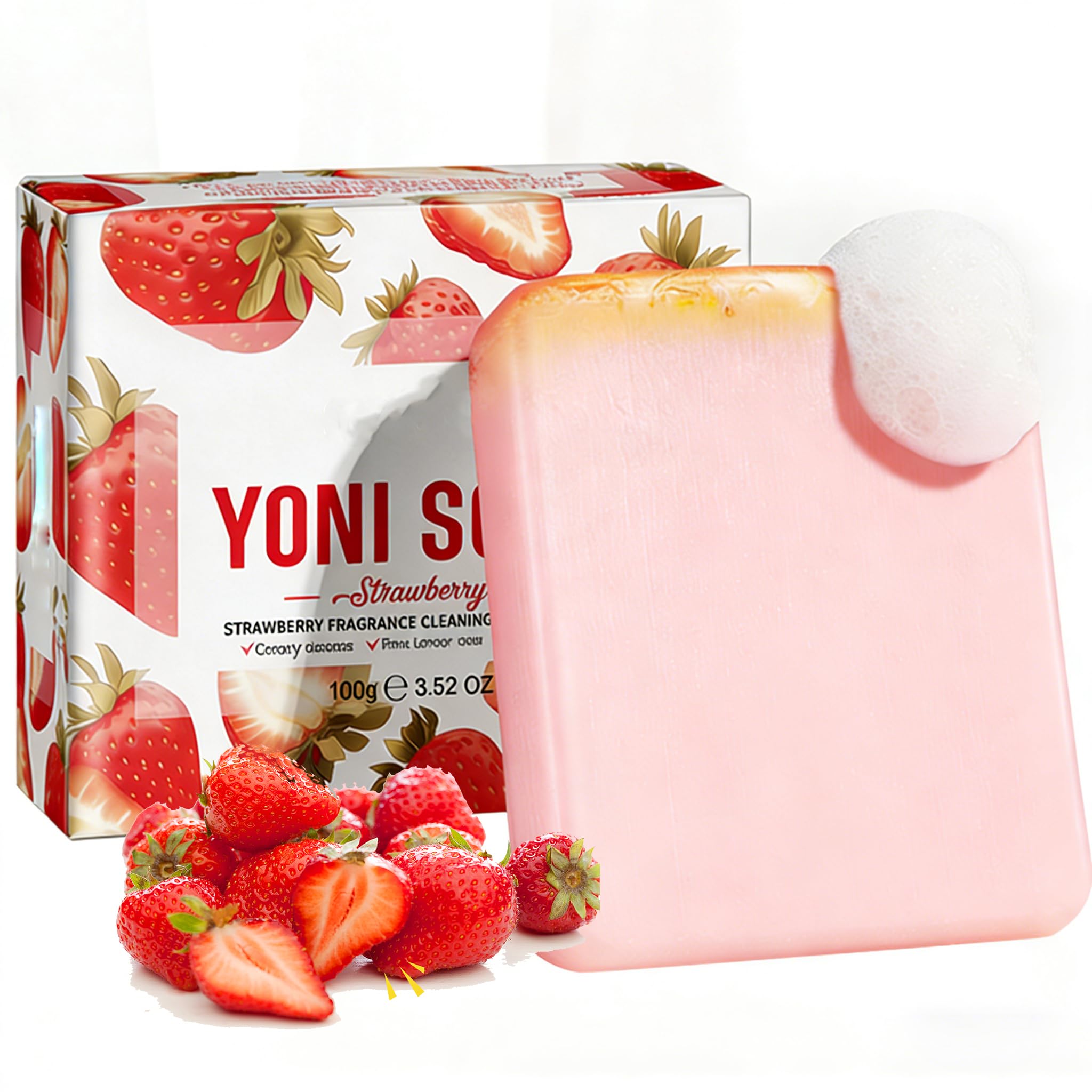 pH Balanced Feminine Soap for Women, Strawberry Odor Control & Hydration, Deep Cleanse, Pure Natural Plant Extracted Essence, Gentle Yet Effective for Daily Intimate Hygiene, Vegan, Pink