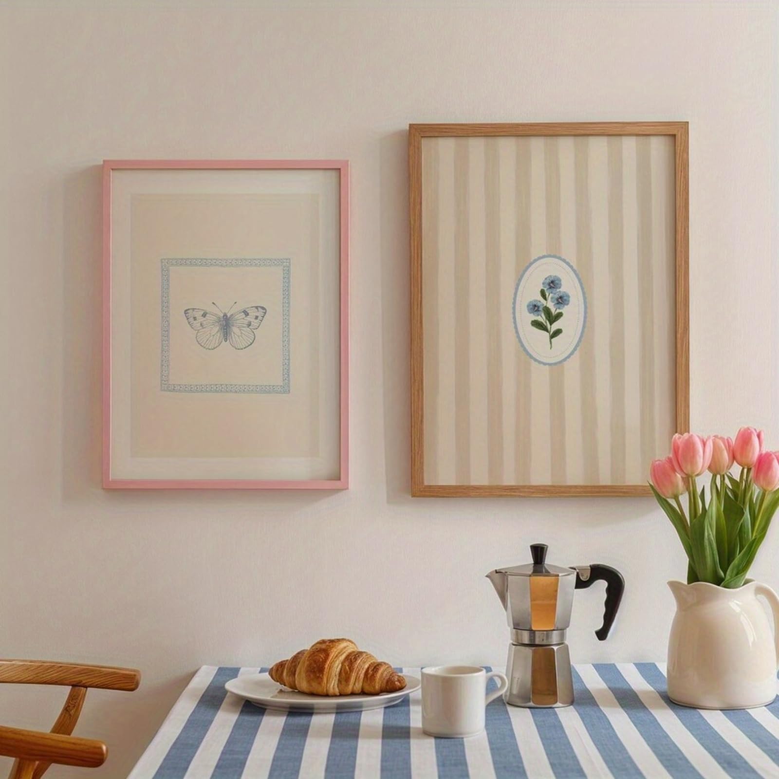 ZBELLO Set of 2 Posters, 2D Flat, Striped Art Print, Floral Fashion Decor, Suitable for Living Rooms, Bedrooms and Offices, Frameless (21x30cm)