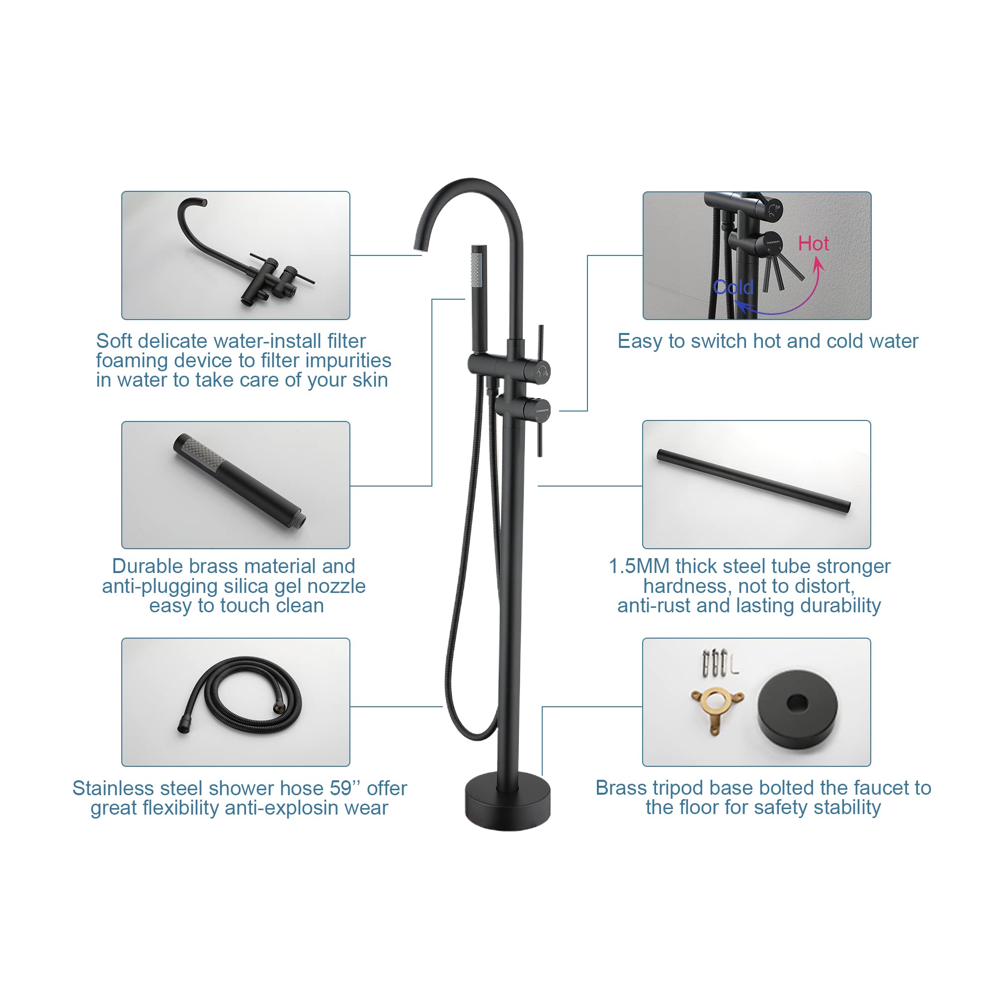 Freestanding Tub Faucet with Hand Shower Matte Black Bathtub Faucet 360 ° Swivel Tub Spout Floor Mount Bathroom Tub Filler 2 Lever Mixer Tap Brass Clean Hair/Child/Pet/floor/Toilet/Tub-Huifeidezhu