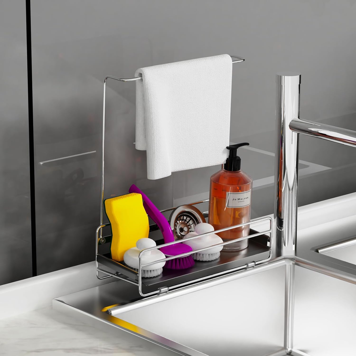KABUM 304 Stainless Steel Sponge Holder with Towel Rack for Kitchen Sink, Sink Caddy with 4 Non-Slip Silicone Pads, Kitchen Essential Countertop Storage & Organization, Rustproof 304 Stainless Steel