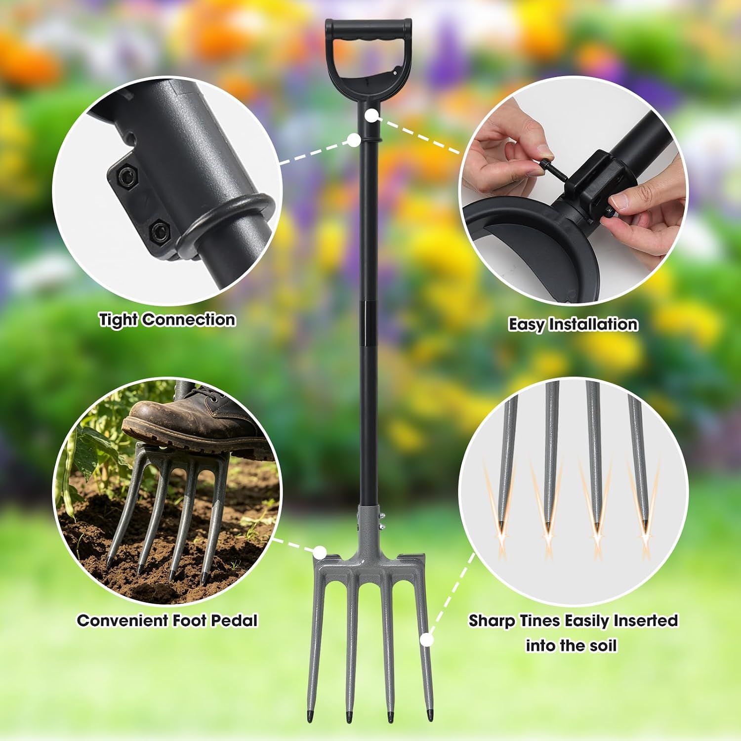 Pitch Fork, 46 inch Garden Fork with Metal 4 Tines & Ergonomic D Handle, Heavy Duty Pitchforks for Gardening Digging Composting Soil Loosening