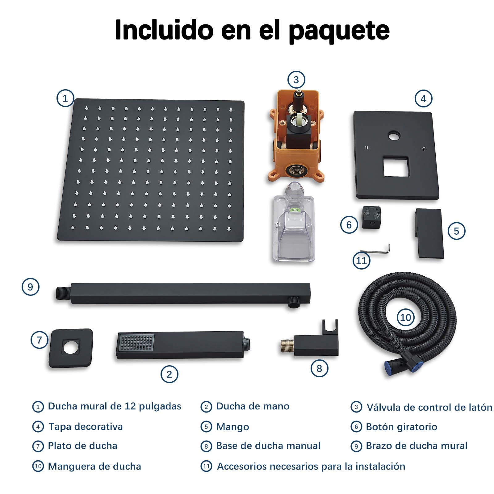 Set De Ducha Sistema Empotrado Negro,Columna para Baño,Alcachofa 30cmx30 cm, de Mano,Cuerpo de Latón