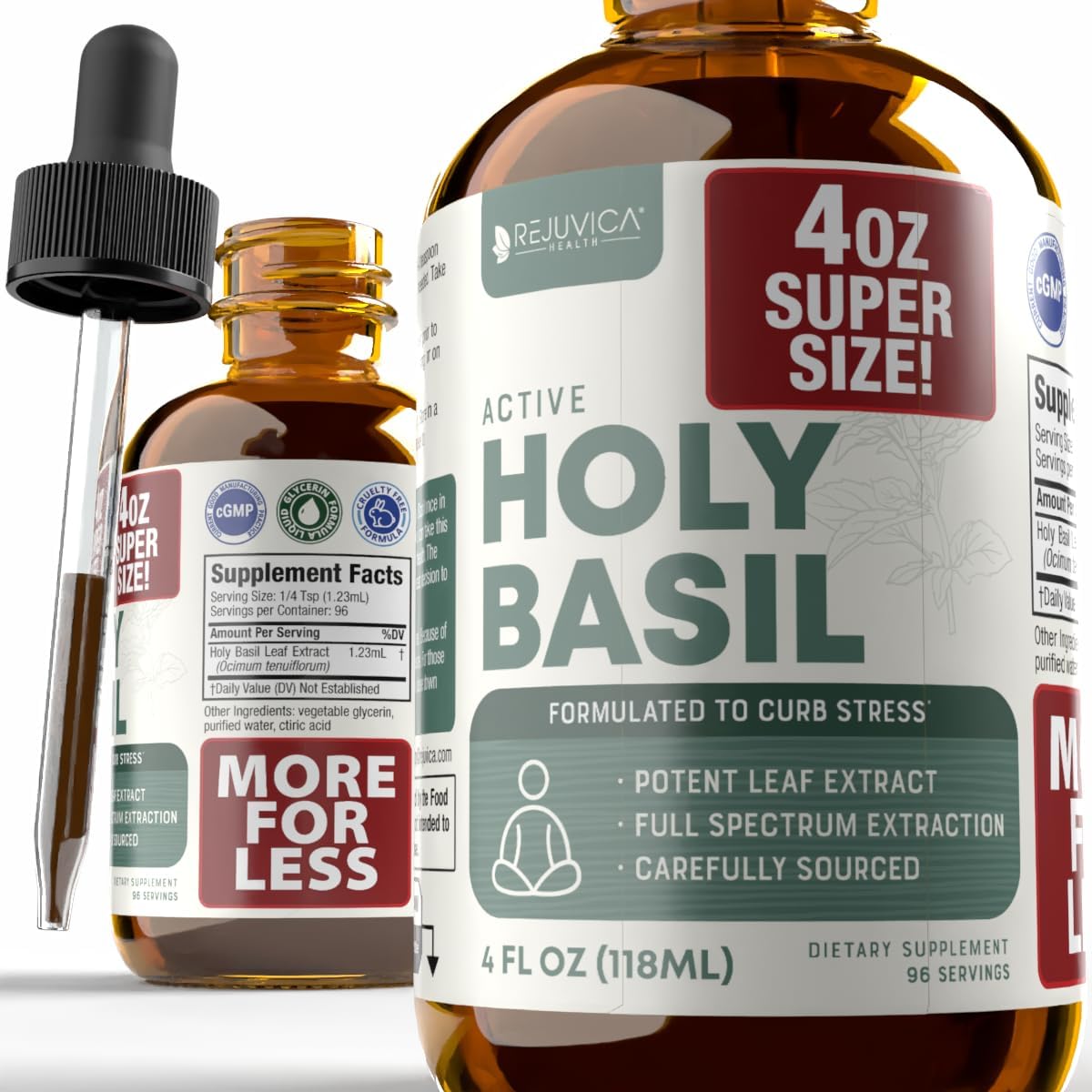 Rejuvica Health Active Holy Basil 4oz XL Super Size – Advanced Stress Support Supplement Drops – Holy Basil Leaves Liquid Extract – Vegan Sugar Free Non GMO Tincture