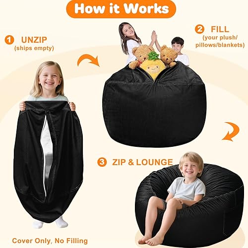 Miniatura 3 de Lukeight - Puf de almacenamiento de animales de peluche para niños, funda para puf de dinosaurio con cremallera para organizar la habitación de