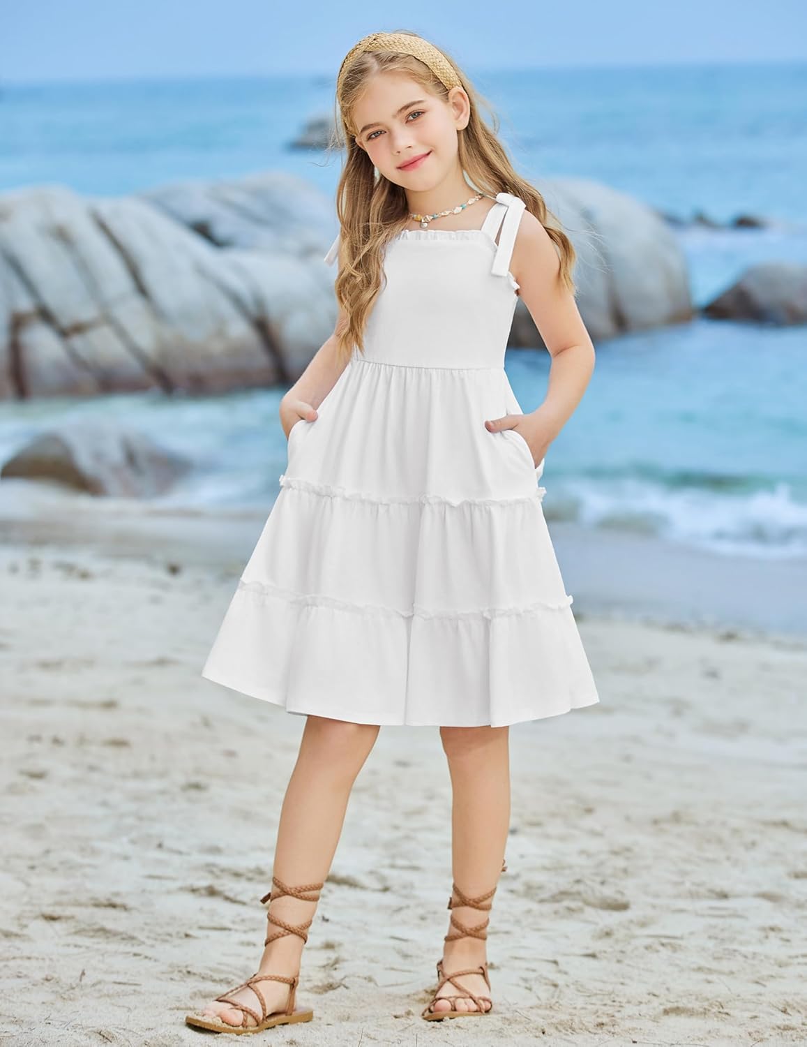 Arshiner Girls Summer Dress Tween Boho Casual Bowknot Strap Sleeveless Swing Flowy Ruffle Tiered Sundresses with Pockets - Image 3