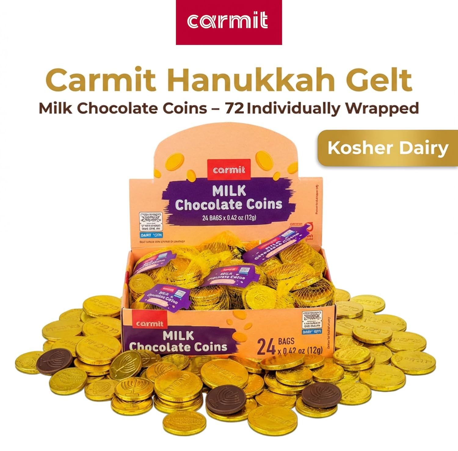 Carmit Gold "Real" Milk Chocolate Coins, (24 Mesh Bags) | Individually Wrapped Menora Embossed Hanukkah Gelt | Holiday Candy, Party Favors | Gluten Free | Chalav Yisroel | Perfect for Chanukah Dreidel Games!