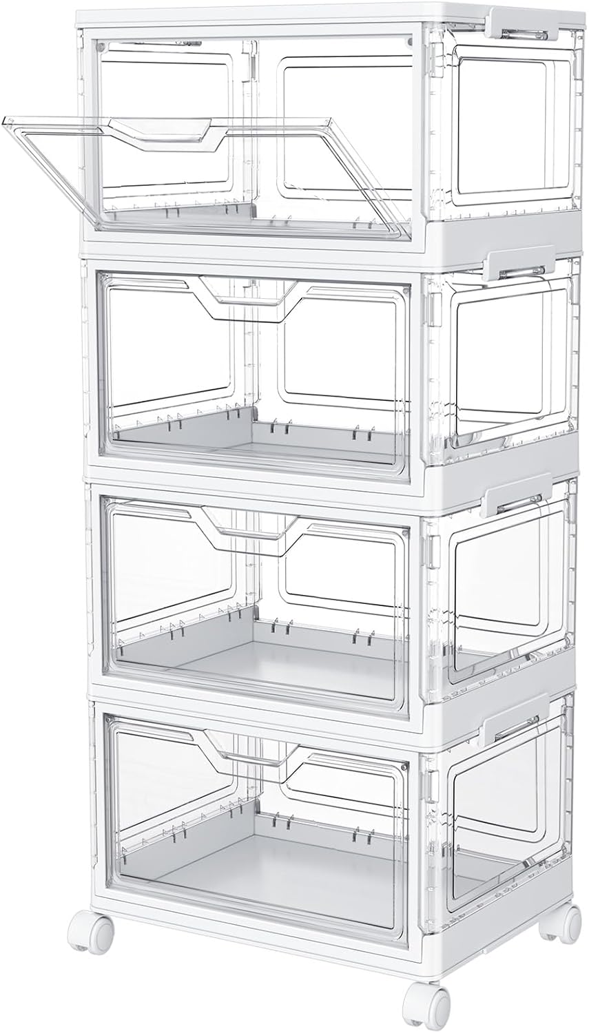Clear Storage Bins with Lids,4 Tier Plastic Bins with Wheels,Stackable Storage Bin,Closet Organizers Box for Bedroom,Living Room,Toy,23 QT Folding Box with Magnetic door Clear Storage Bins with Lids,4 Tier Plastic Bins with Wheels,Stackable Storage Bin,Closet Organizers Box for Bedroom,Living Room,Toy,23 QT Folding Box with Magnetic door