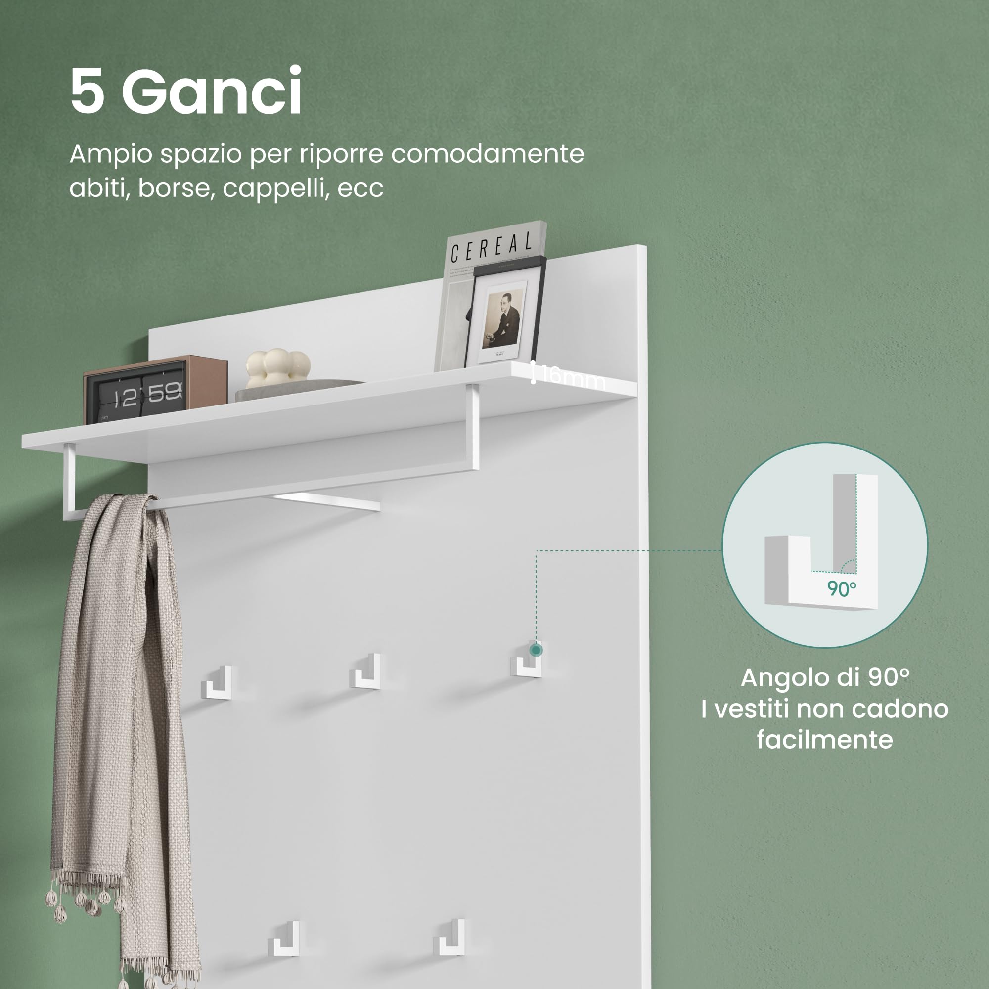 Mai & Mai Pannello Appendiabiti da Parete con Asta e 5 Appendiabiti, Mensola, Appendiabiti Guardaroba per Ingresso Corridoio, Bianco Opaco, Gabo-01
