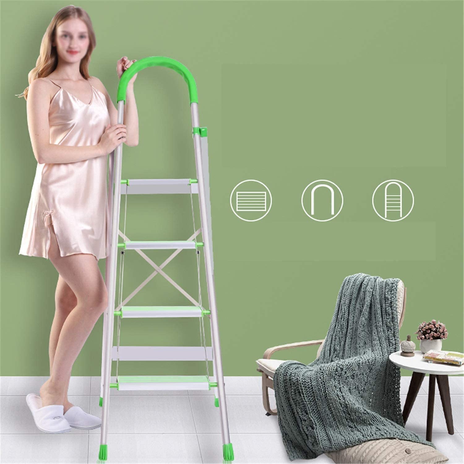 Drabiny, aluminiowa 4-stopniowa drabina z zielonymi poręczami, przenośne składane drabiny antypoślizgowe z podkładkami pod stopy do przycinania liści, 44 x 80 x 150 cm (44 x 80 x 150 cm)