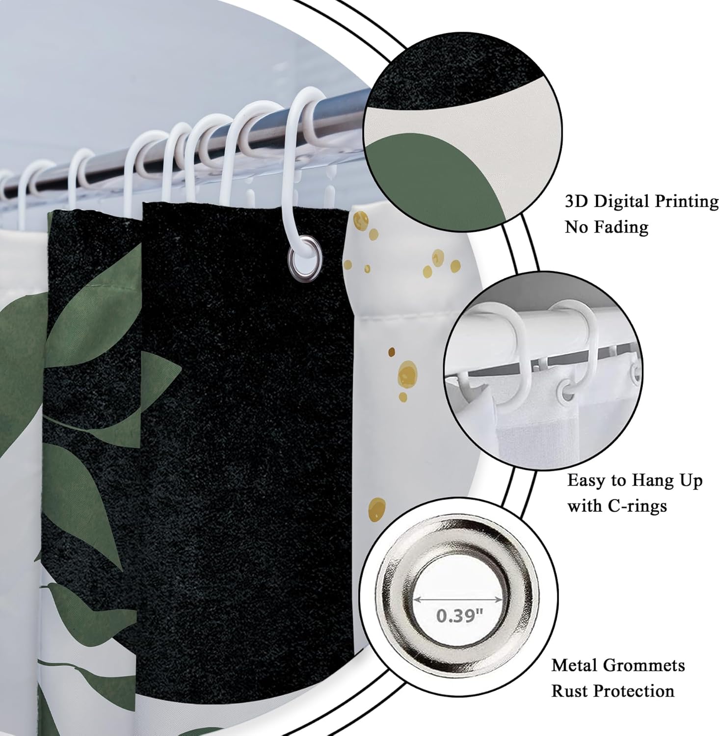 Riyidecor Boho Dark Green 4Pcs Bathroom Shower Curtain Sets Mid Century Abstract Modern Minimalist Bathroom Decor Set with Rugs and Accessories Leaf Toilet Lid Rug, Contour and Bath Mat with 12 Hooks