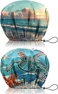 2 PCS Shower Cap Reusable Waterproof Double Layers Hair Caps Shower Bath Adjustable Elastic Hat for Women Girls Cute Aesthetic-Beach Sea Turtle