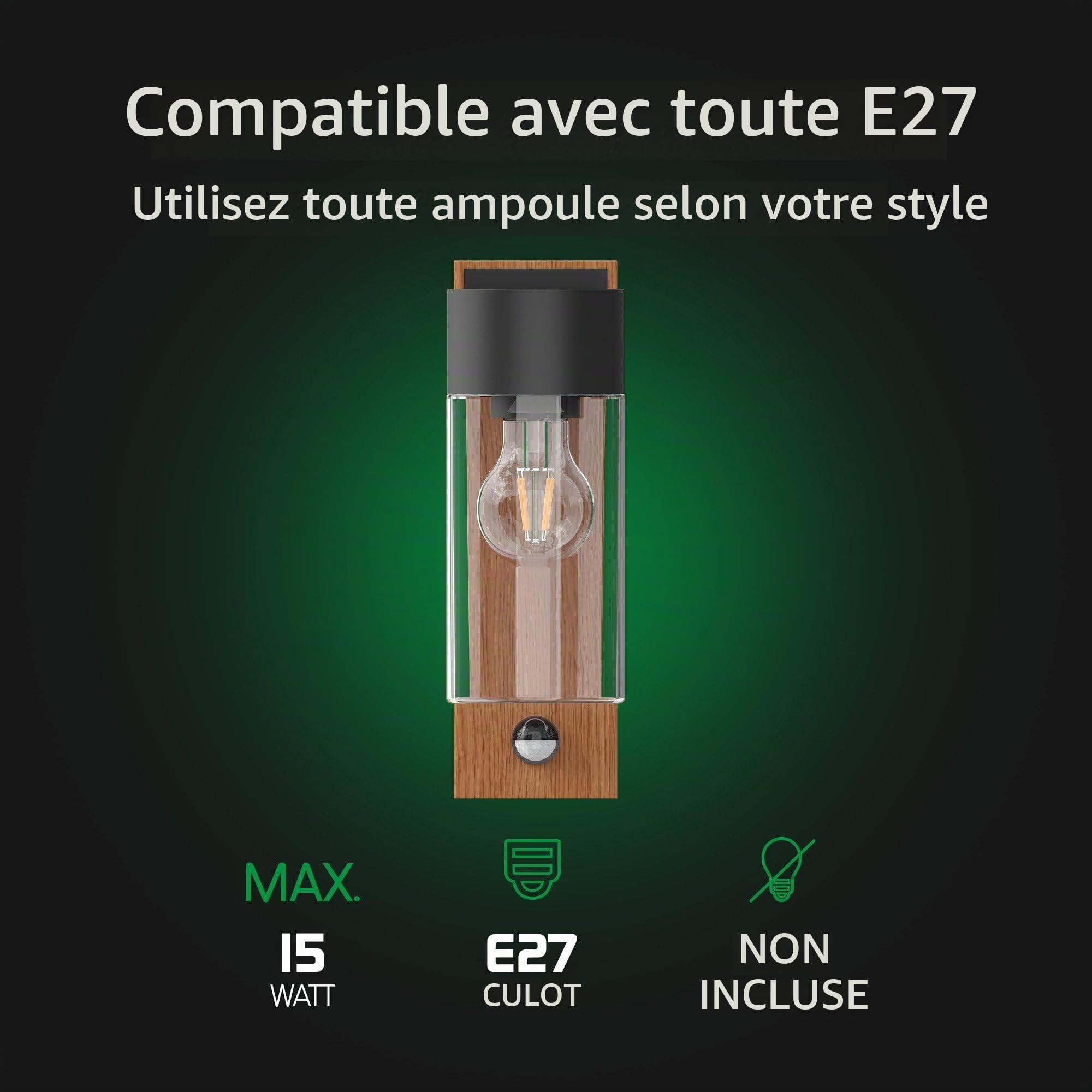 Ledvion applique murale Wandlampe Holz avec détecteur effet bois E27 IP44