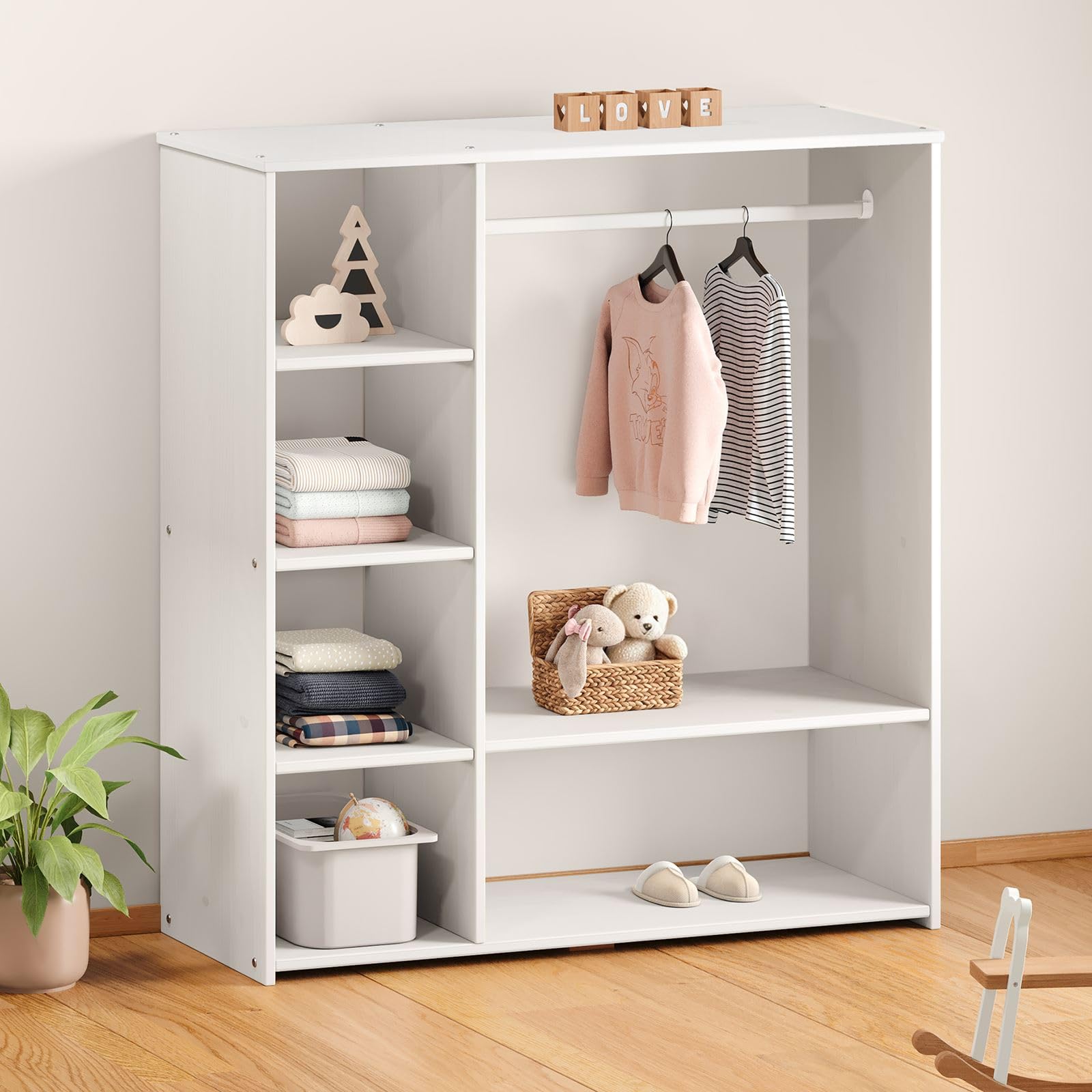 IDIMEX Kinderschrank Rafael mit Kleiderstange aus Kiefer - Weiß. Offener Schrank mit Fächern und Ablagen, Skandinavisches Design, Kinderregal nach Montessori Prinzipien
