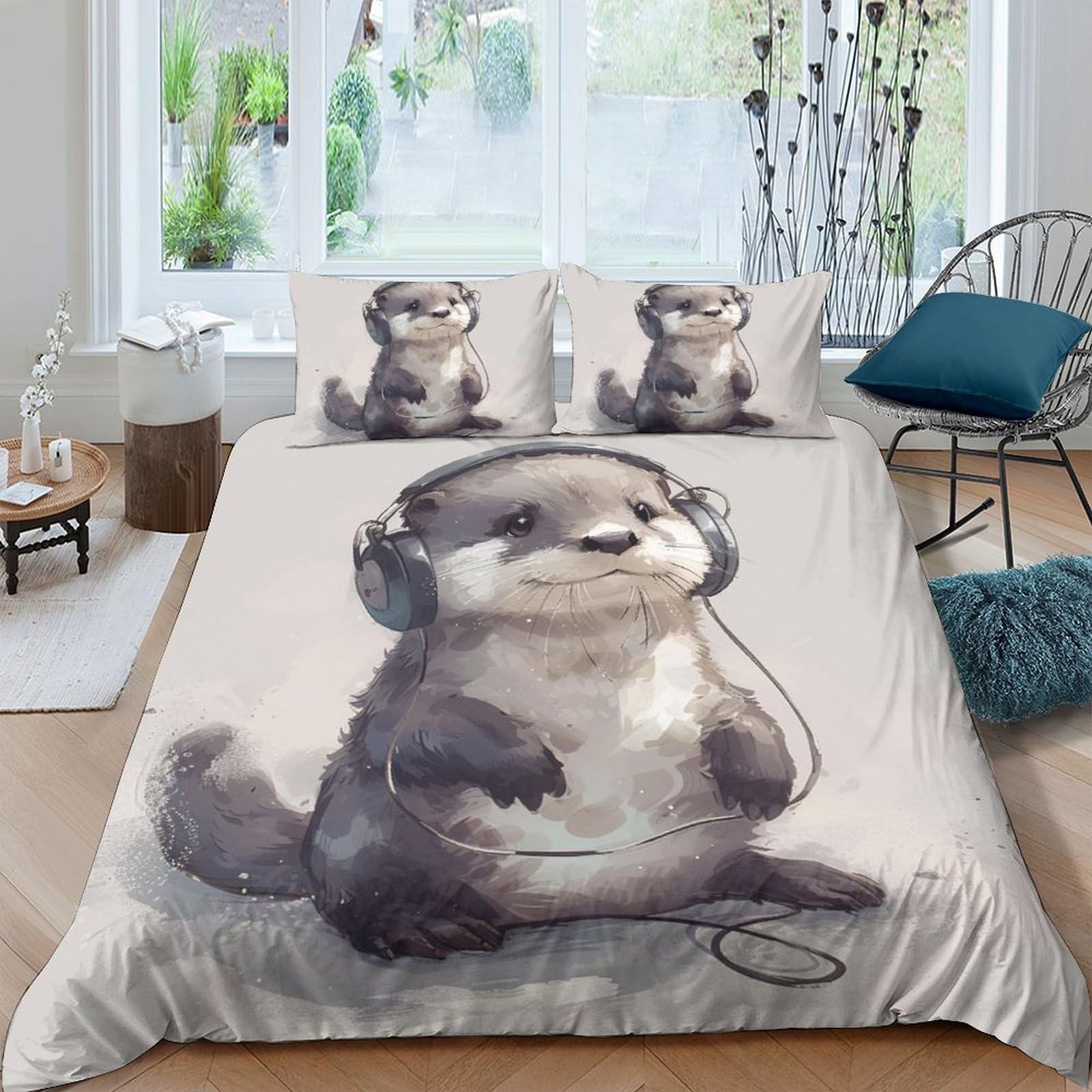 Ctjqhvkz Style-1 3D Printed Otter Headphones Fitted Sheet Microfiber Soft Anti-Slip Bed Cover For Bedroom Guest Room Decor Easy Care Single（135X200cm）