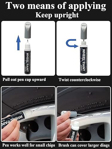 Miniatura 5 de SYOAUTO Pluma de pintura de retoque de borde plateado para reparación de arañazos, pintura de retoque para llantas de automóvil, color universal,