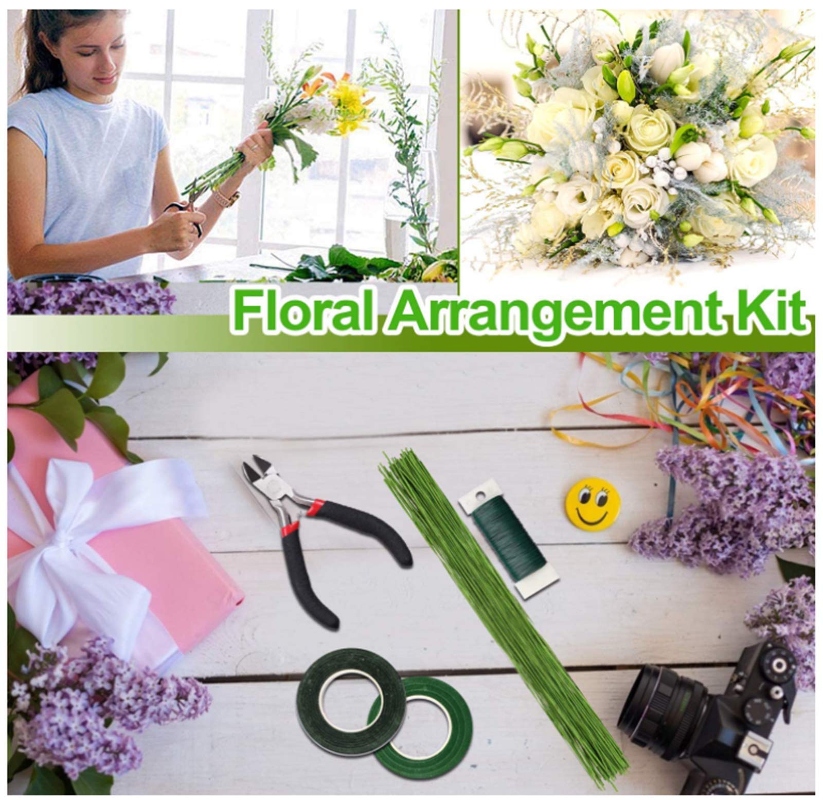 WYMAODAN Kit Arrangement Floral 6 Outils - Rubans Fleurs Fil Tiges Et Coupe-fil Pour Bouquets DIY