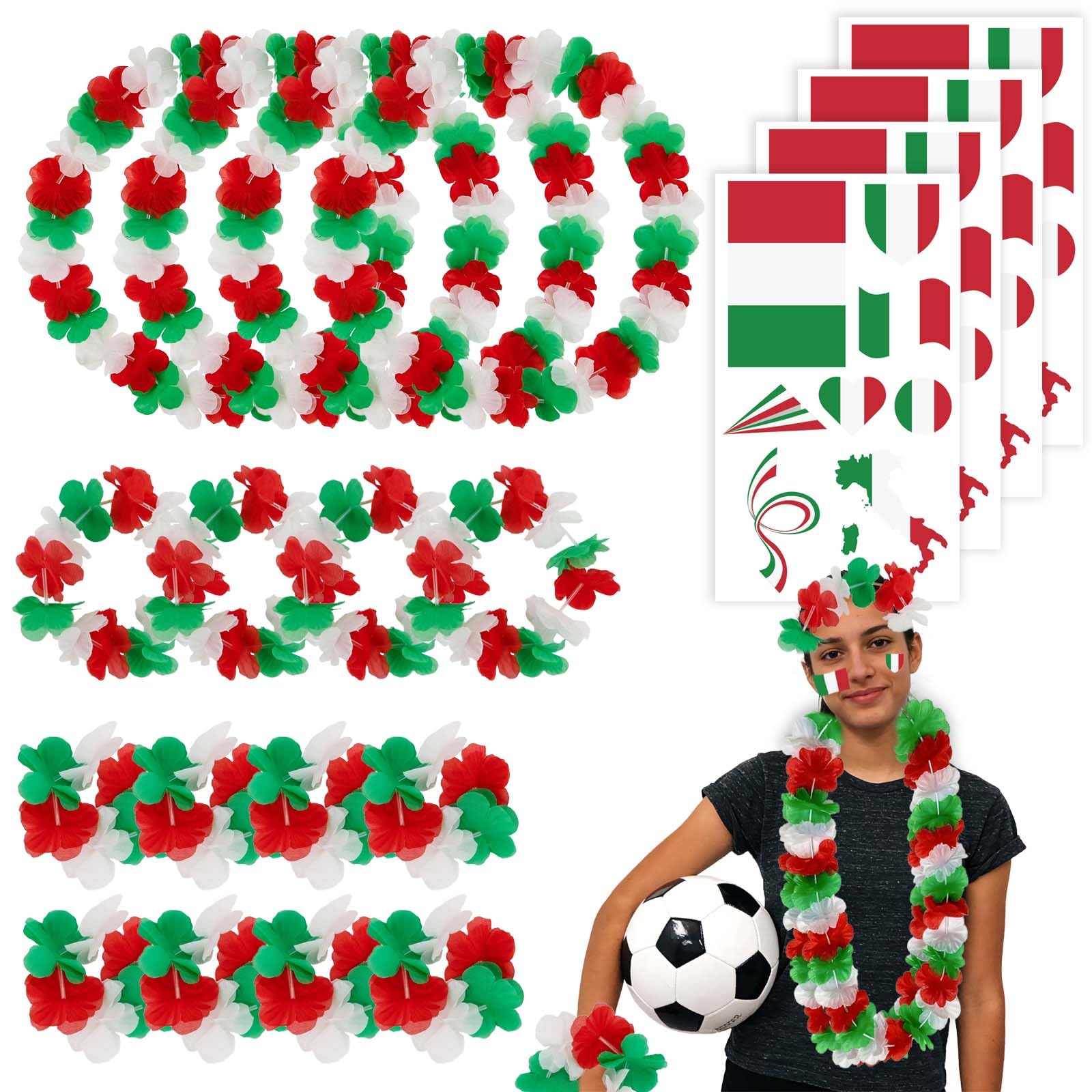 Pack of 20 Italy Fan Item Flower Chain, Hawaiian Fan Set Italia: 4 x Chains, 4 x Headbands, 8 x Bracelets & 4 x Stickers Italy Euro Football Euro Fan Photo Props Flower Chain