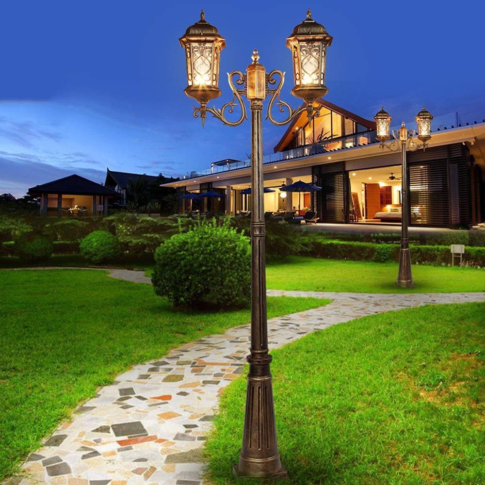 Europejska szklana latarnia na patio, oświetlenie zewnętrzne, wodoodporna, zabytkowa lampa drogowa, wysoki słup, balkon, trawnik, ogród, społeczność, LED, retro, trawnik,Bronze-210cm