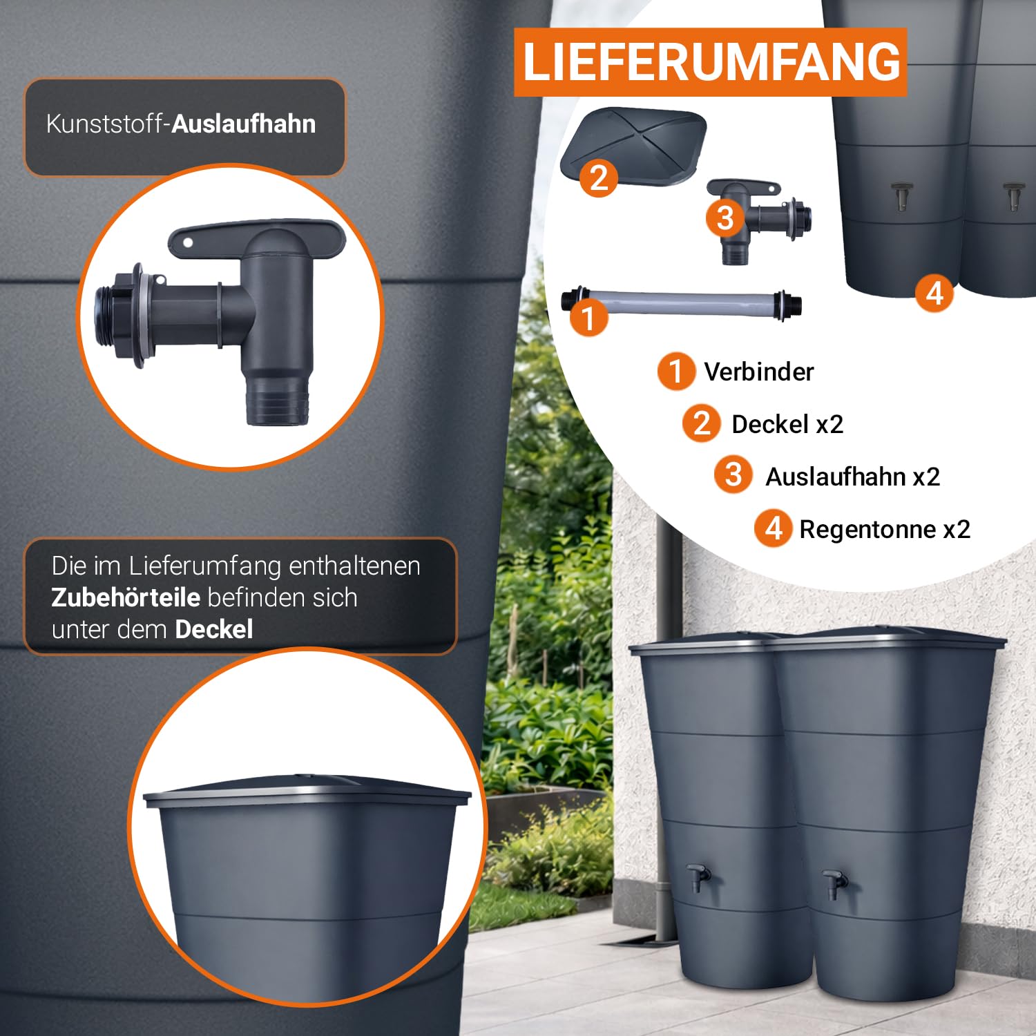 GARANTIA Ibiza Regentonnen-Set eckig 400 Liter Graphite Grey, 2 x Ibiza 200 Liter inkl. Verbinder - als graues Wasserfass für nachhaltige Gartenbewässerung - mit Deckel, Hahn und Matter Oberfläche