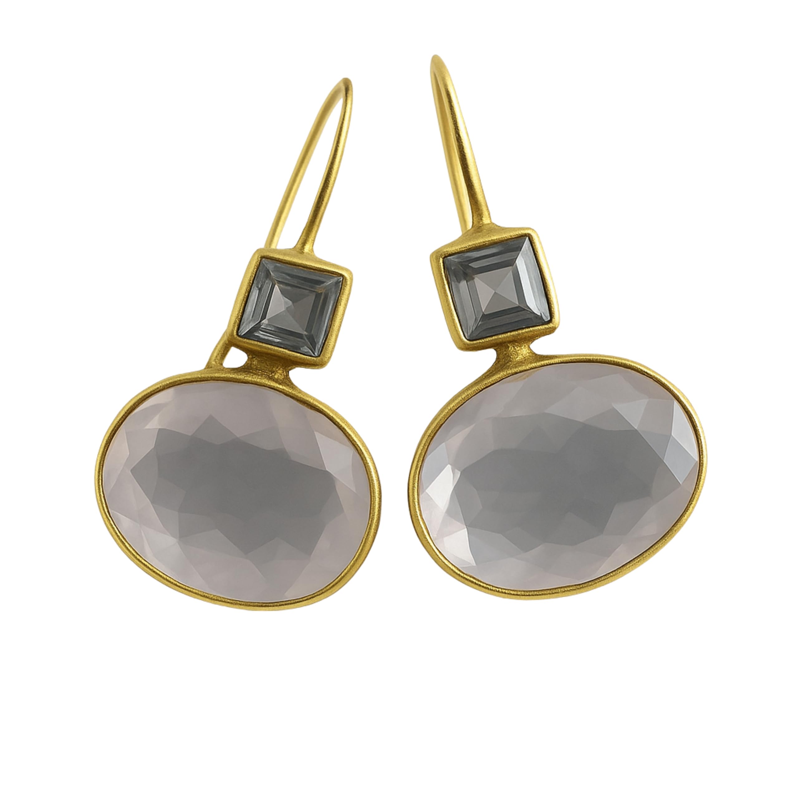 Blue Topaz and Rose Quartz Gold Plated Sterling Silver Drop Earrings - Natural Gem Gemstone - Handmade Jewellery Gift Ideas for Women - Birthday Valentine's Mother's Day Gift