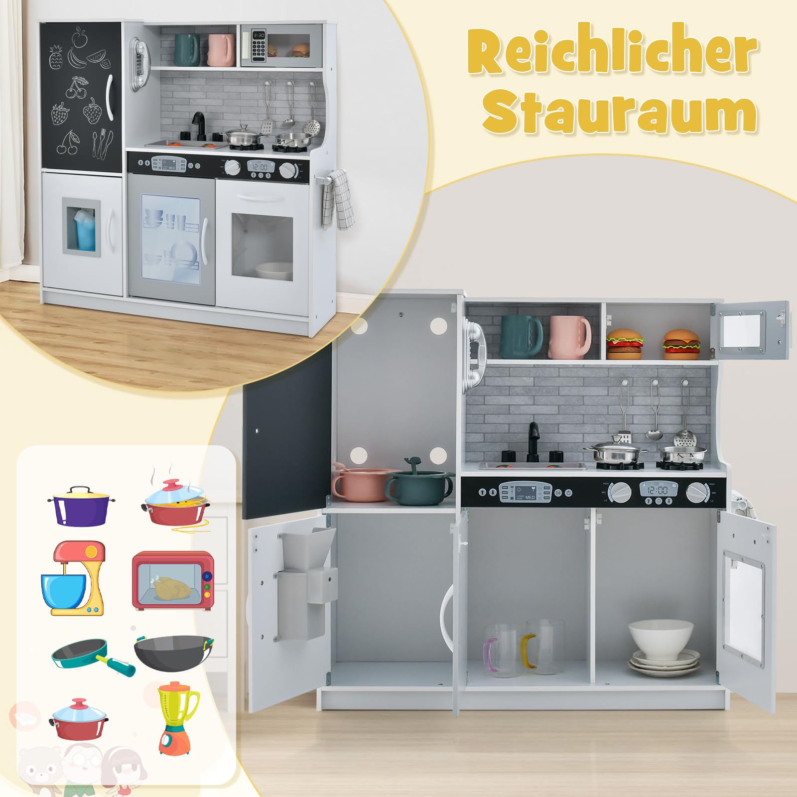 DREAMADE Kinderküche Holz mit Zubehör, Kinderspielküche Holzküche mit Herd Geschirrspüler Eismaschine Kühlschrank mit Tafel, Spielküche für Jungen und Mädchen ab 3 Jahren (Weiß)