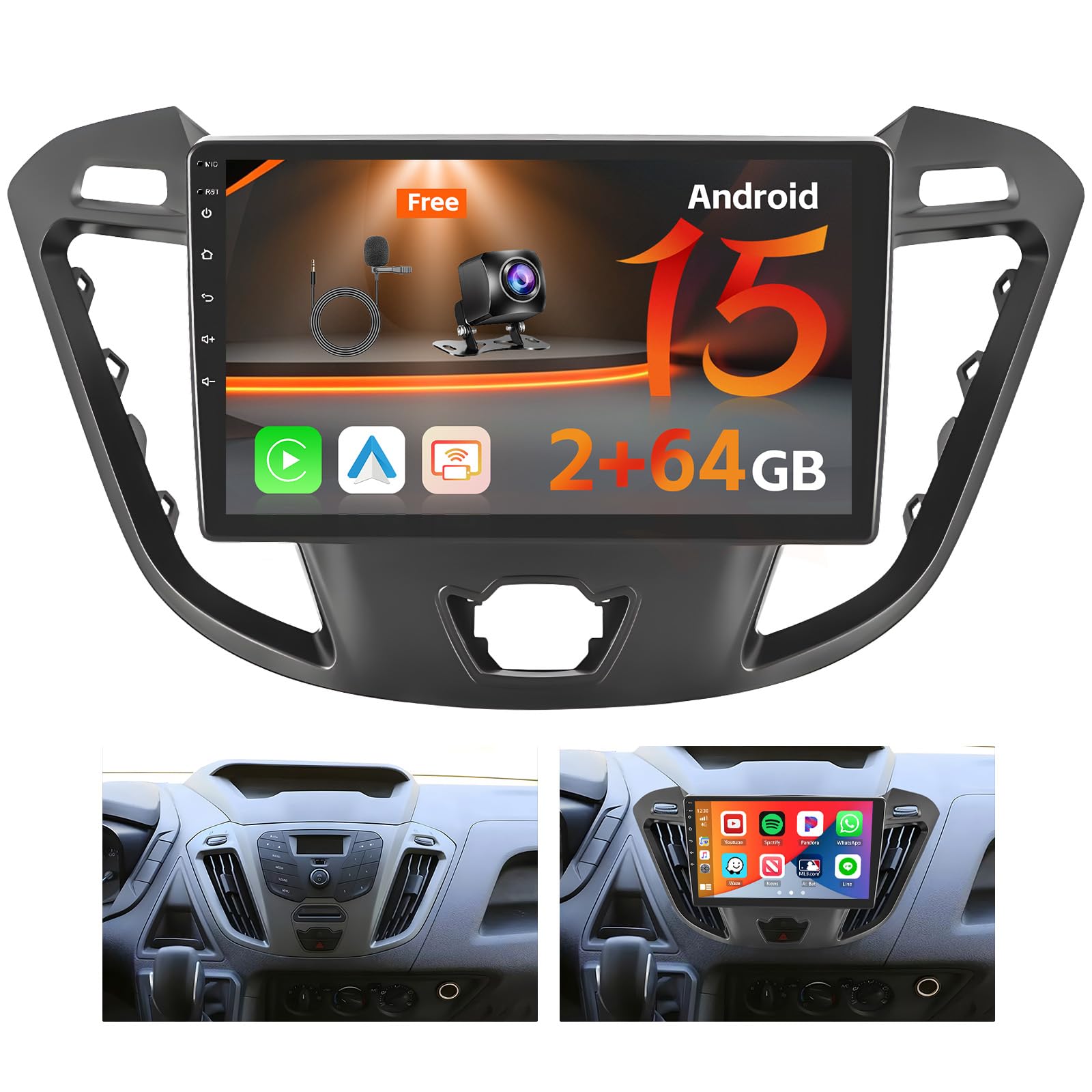 Hikity 2G 64G Android 15 Inalámbrico Carplay Radio Coche para Ford Transit Tourio 2013-2018 Apple Carplay Pantalla 9 Pulgadas con GPS Bluetooth FM RDS WiFi HI-FI Android Auto Mic Cámara Trasera