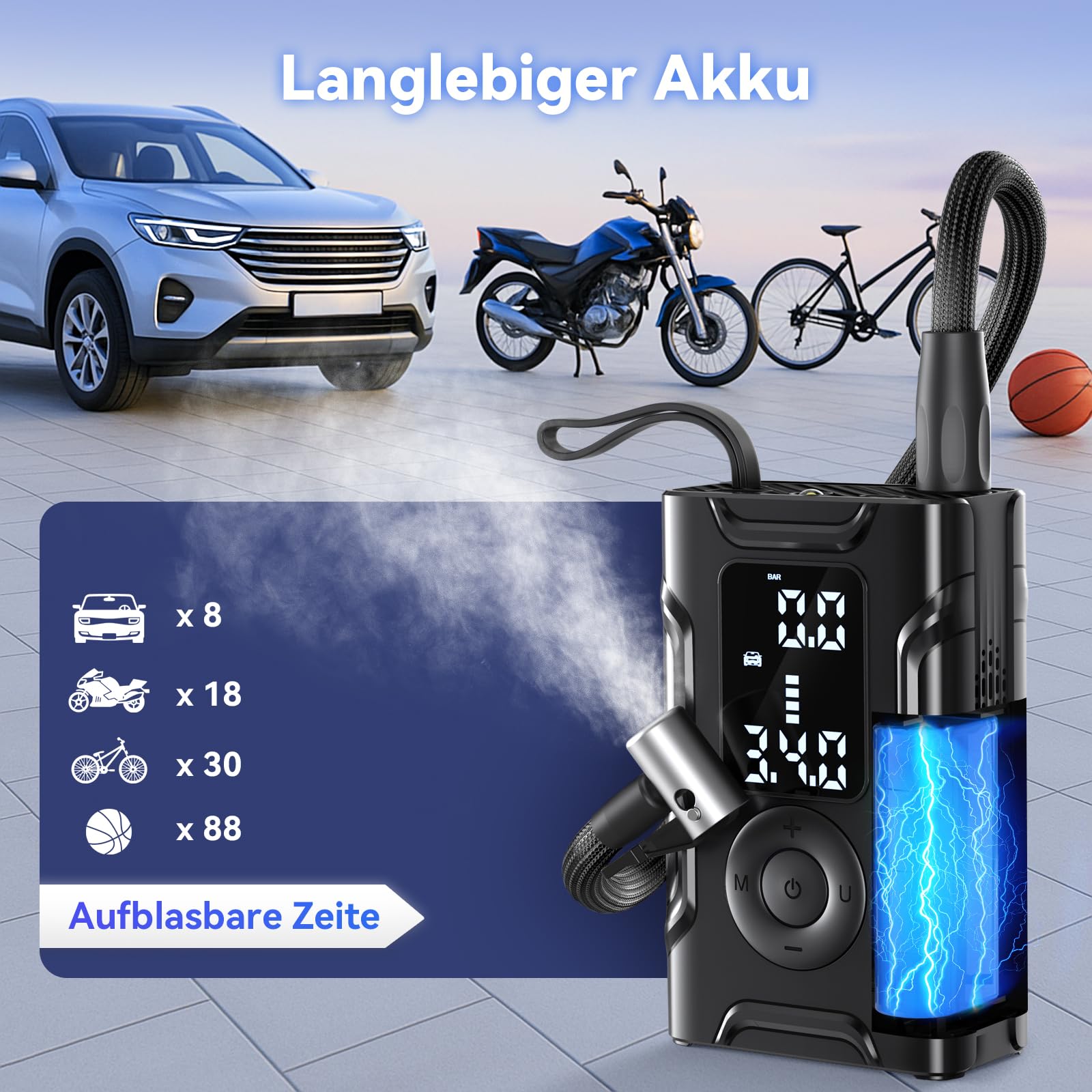 Kabelloser Elektrische Luftpumpe Tragbare Fahrradpumpe - Akku Kompressor Wiederaufladbare Reifenpumpe mit alle ventile Für Auto, Motorrad, Fahrrad - 5