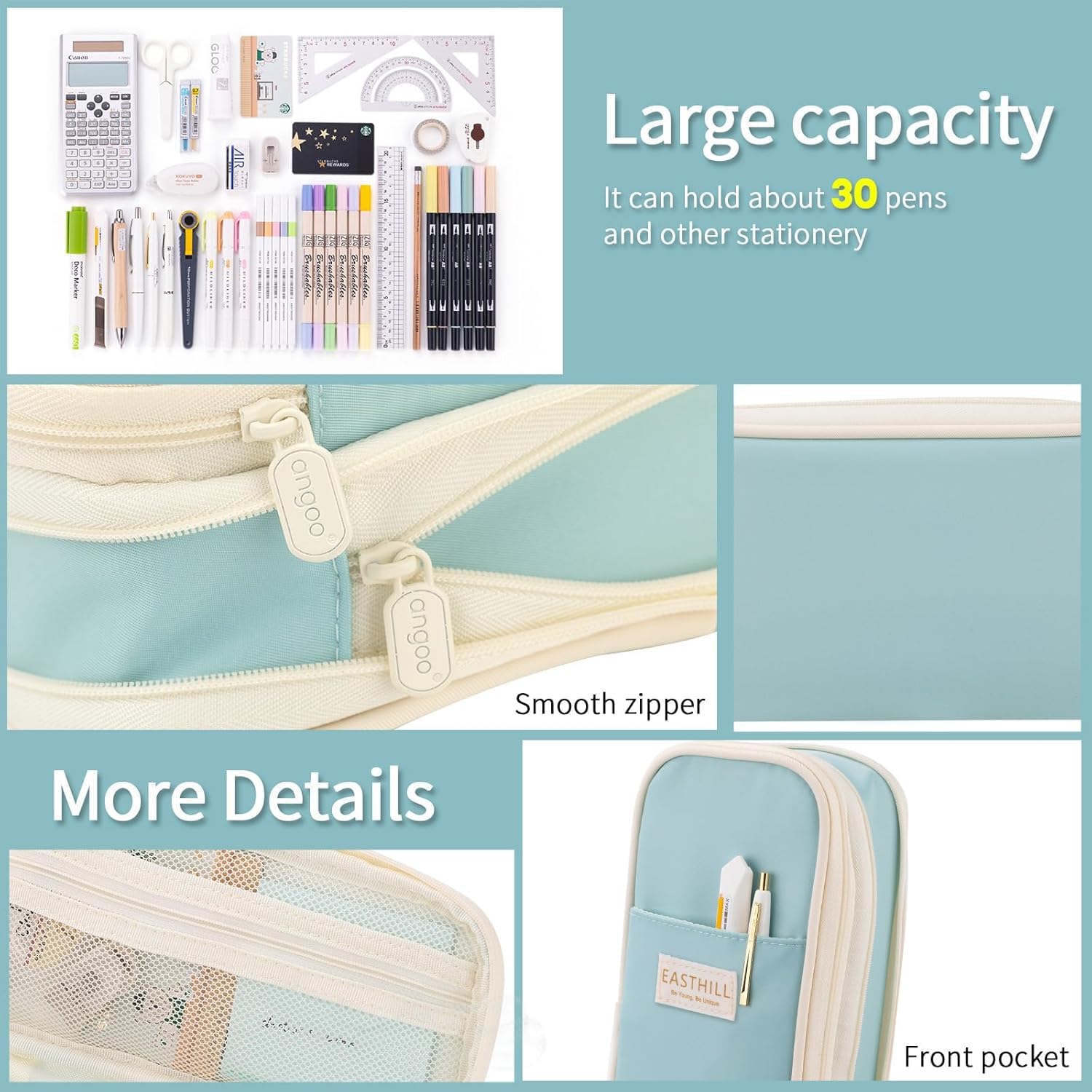 PRANIJ Cute Aesthetic Large Capacity Expandable Pencil Case Pouch with Zipper Portable Office Stationery Desk Organizer for School Collage Boys Girls Adults Women Men (Light Blue) 1