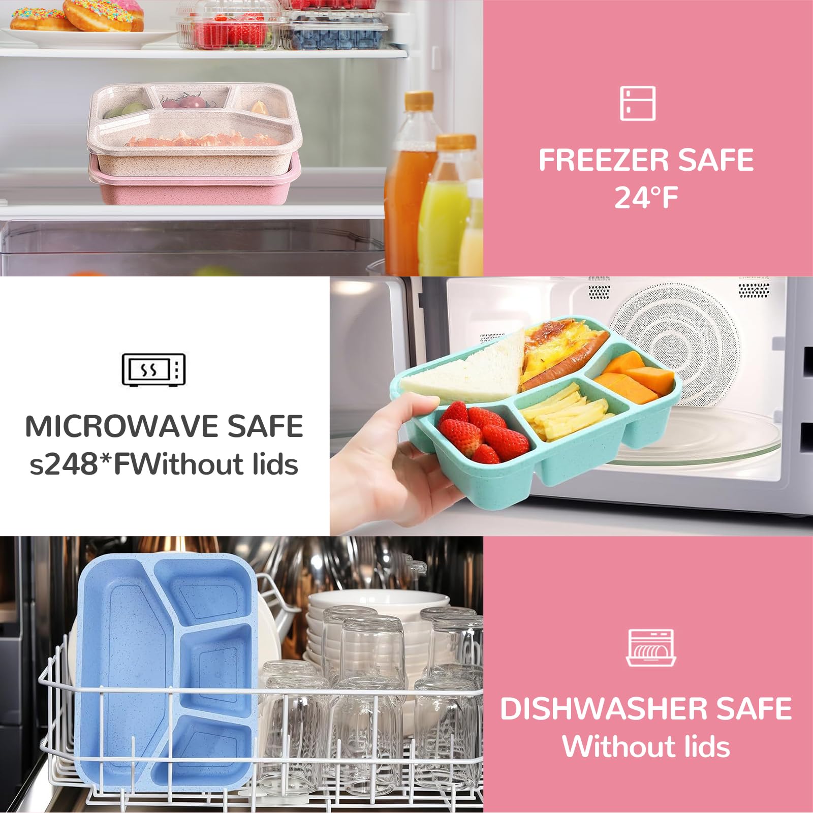 Zestaw pudełek na przekąski, 4-pak pudełka na lunch z łyżeczką i widelcem, 5 przegródek, bez BPA, wielokrotnego użytku, przeznaczone do kontroli porcji, do szkoły i na wynos. Kompaktowe