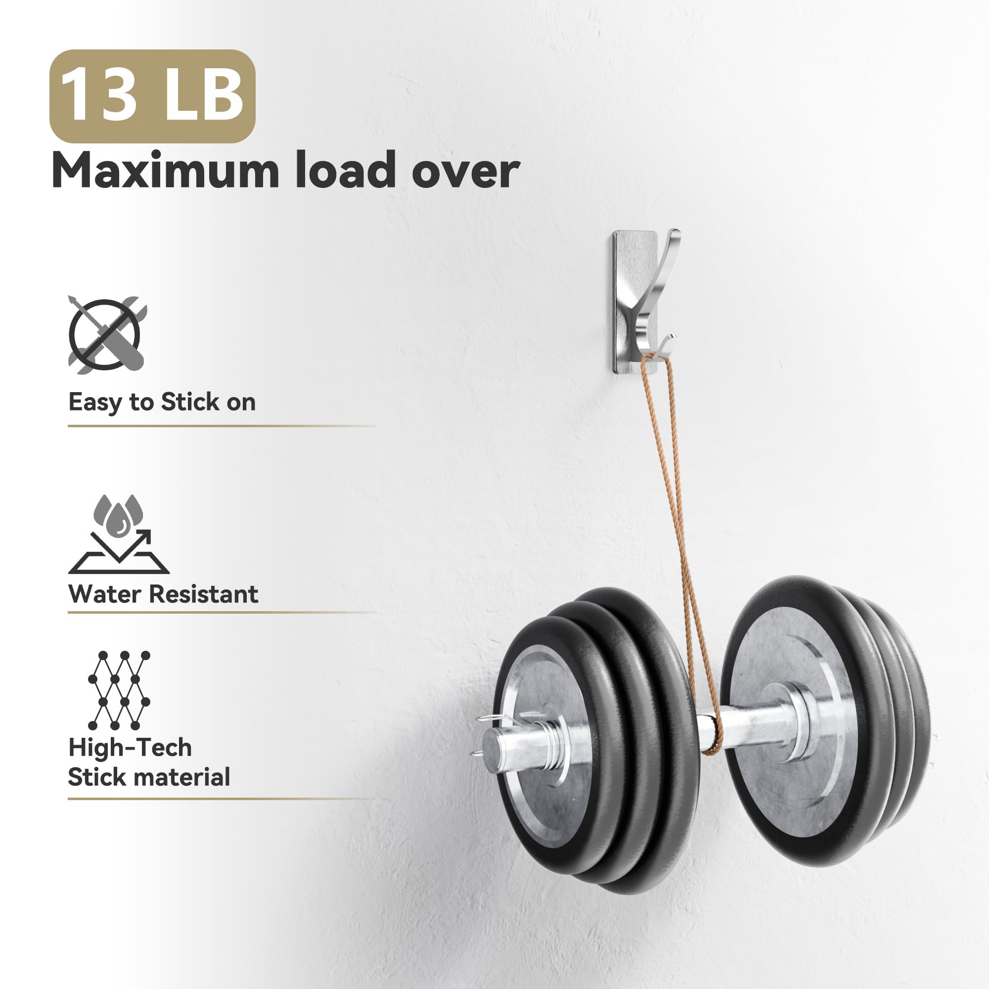 Josmimic Self Adhesive Towel Hooks: Extra Strong 13LB, Stainless Hook for Hanging Loofah, Towels, Coat, Bath Robe Bathroom Shower, Silver, 4 Pack