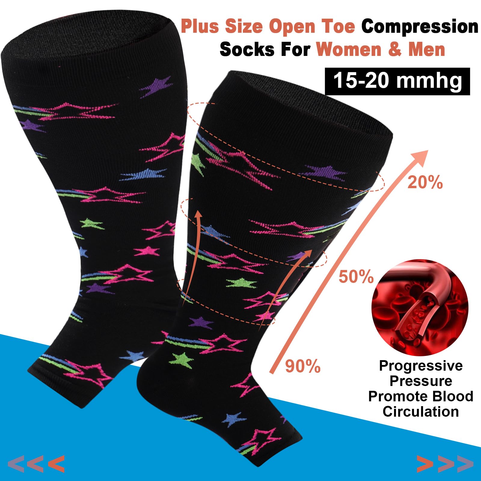 Kompressionsstrümpfe für Damen, breite Wade, offener Zehenbereich,Kniehohe Kompressionsstrümpfe, zehenlose Stützsocken