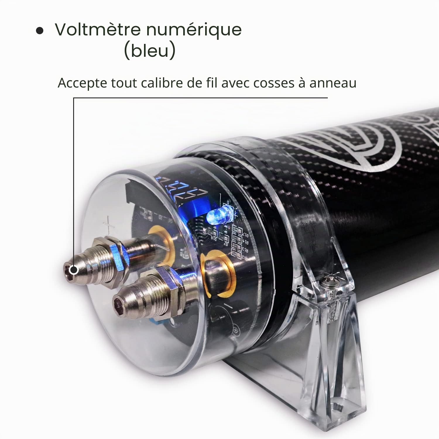 RECOIL R1D Condensateur de Stockage d'Énergie pour Ampli Audio 1.0 Farad, Voltmètre Numérique Bleu, pour Systèmes jusqu'à 1000W
