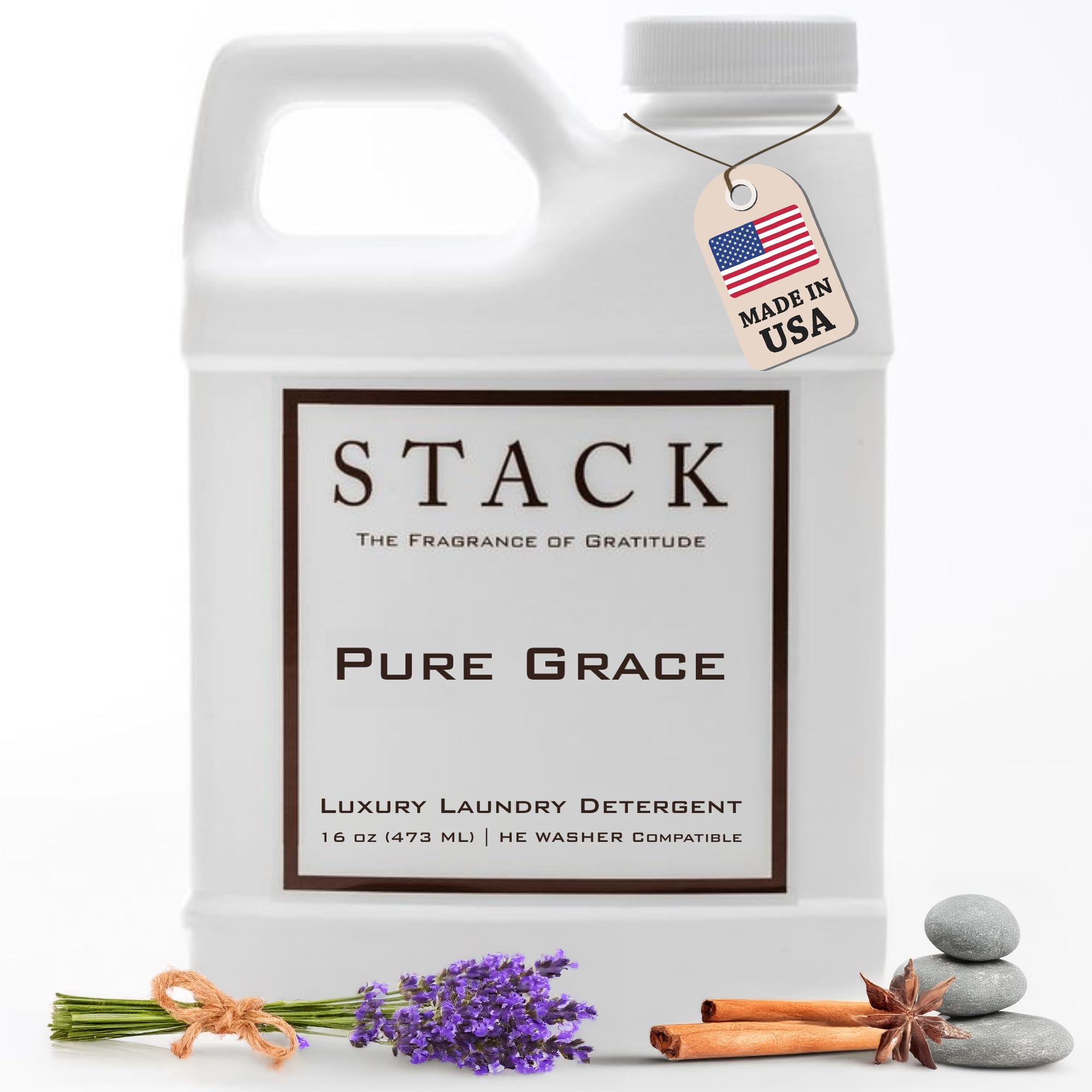 STACK Pure Grace Luxury Laundry Detergent - Highly Scented Laundry Detergent for HE & Standard Washers - Infused With Egyptian Musk and Patchouli - Dye Free Gentle & Effective Cleaning - 16 oz