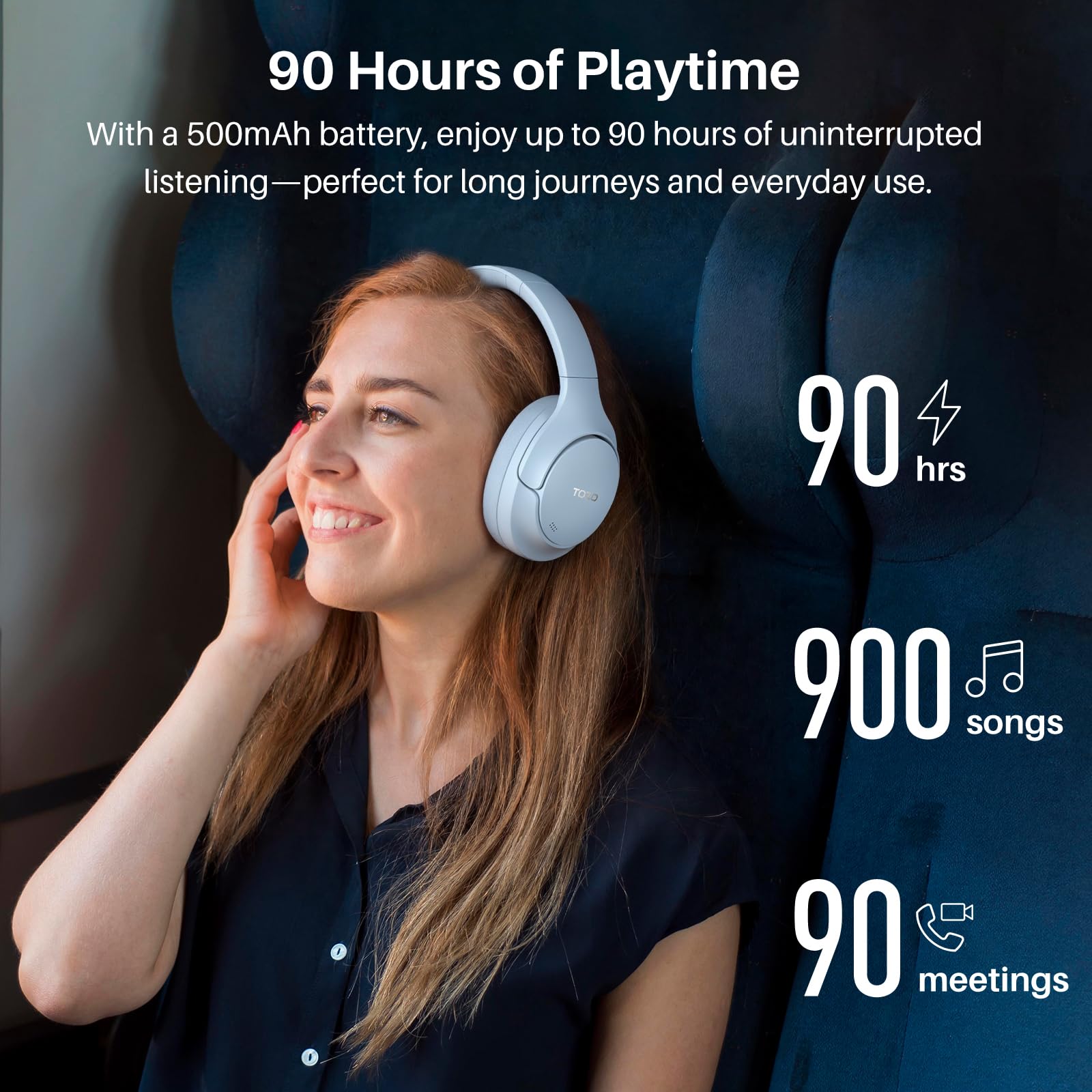 TOZO HT3 Hybrid Noise Cancelling Wireless Headphones, 90H Over Ear Headset view 5