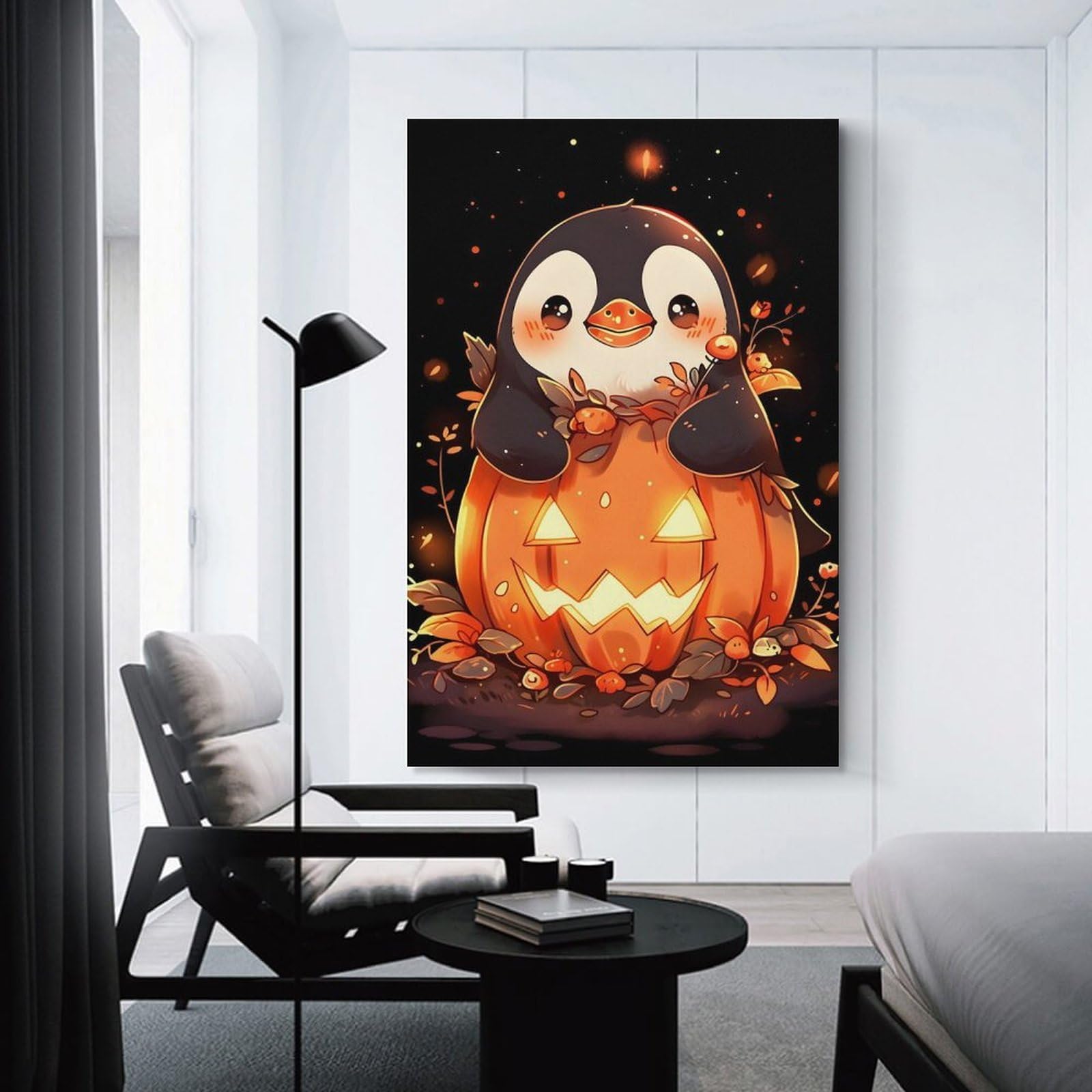 Junmoney Canvas Wall Art Penguin Pumpkin, 24x36inch(60x90cm), for New Homes, Bedrooms Or Workspaces, Canvas Artwork with Gifting Potential