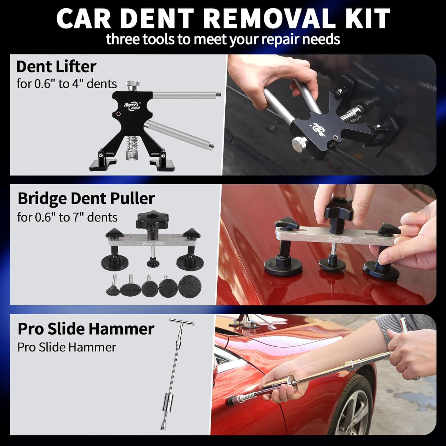 Super PDR Ausbeulwerkzeug Set – Lackschadenfreie Dellenreparatur mit Gleithammer, Dent Lifter & Linienbrett – Dent Repair Kit für Auto, Hagelschäden & Parkdellen
