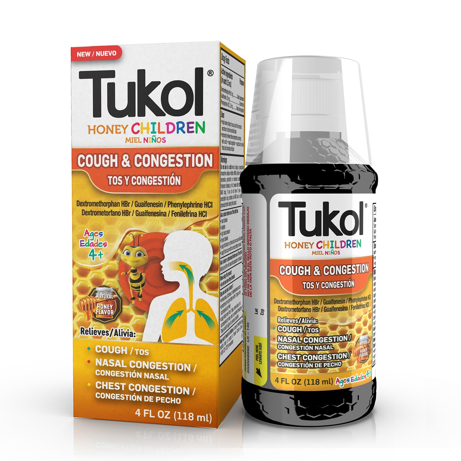 TUKOL Honey Children Cough & Congestion, Children's Cough Medicine for Cough and Chest Congestion Relief, Cough Suppressant for Kids, Children Cold and Cough Syrup, Honey Flavor for Ages 4+