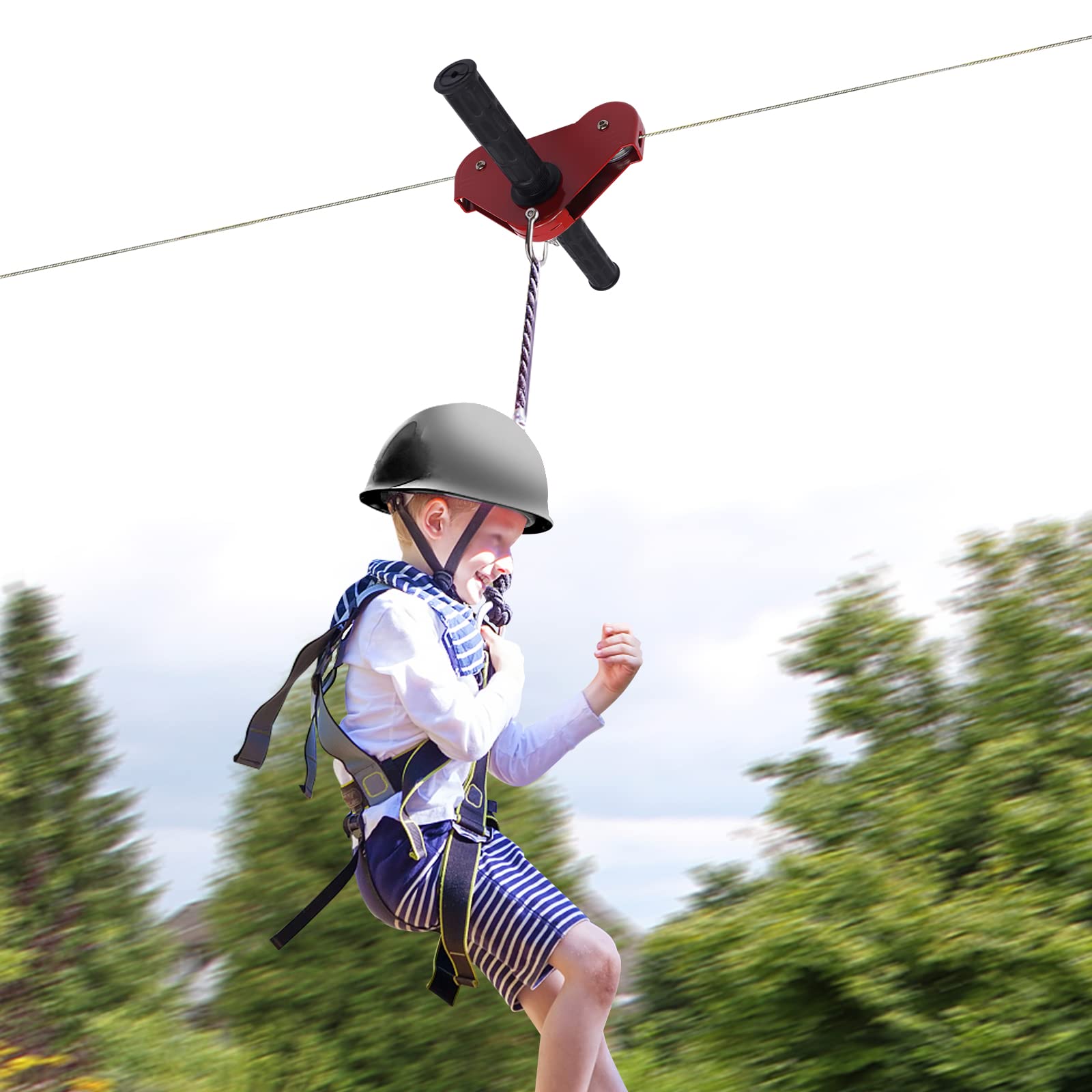 MuChaIOAK Zip line Kits for Backyard, Swing Spring Steel Trolley Slackline Kit with Stainless Steel Ziplines Spring Brake and Safety Harness 120 Feet, for Home Backyards Parks Camping Outdoor Games