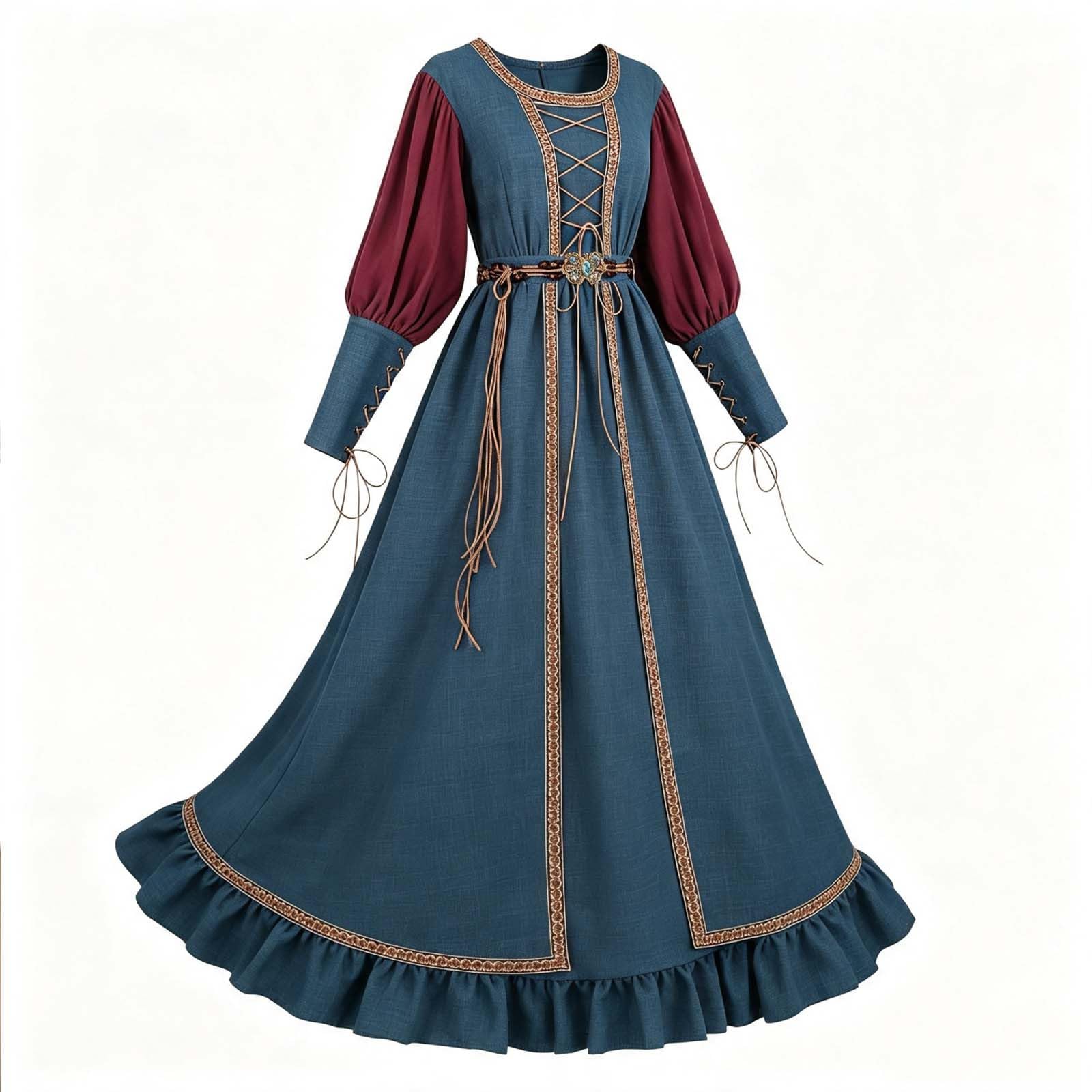 Abbigliamento medievale da donna, a maniche lunghe, gotico, da pirata, vintage, a vita alta, abito da sera, vichingo, rinascimentale, con cintura, per Oktoberfest, cosplay, feste e balli
