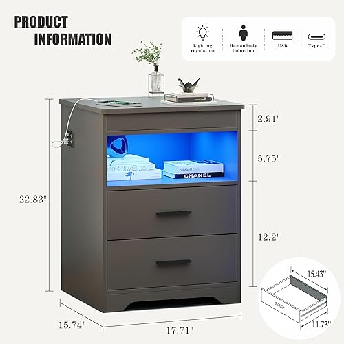 Miniatura 10 de Mesita de noche con cajón para armas, mesa de noche con puerto USB y tipo C, mesita de noche LED con diseño de sensor humano, mesa auxiliar moderna