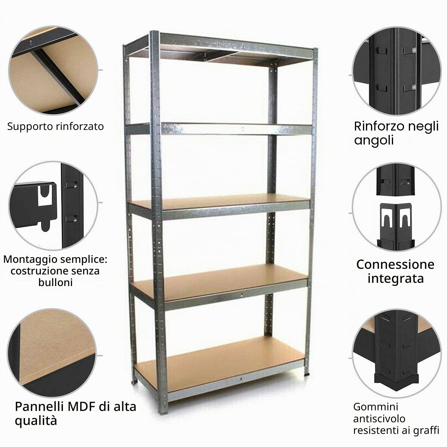 DayPlus Mensola per garage in metallo con scaffale per cuscinetti in metallo a 5 livelli, ripiani per seminterrati regolabili, ripiano in plug-in carico pesante 875kg 200x100x50cm zincato