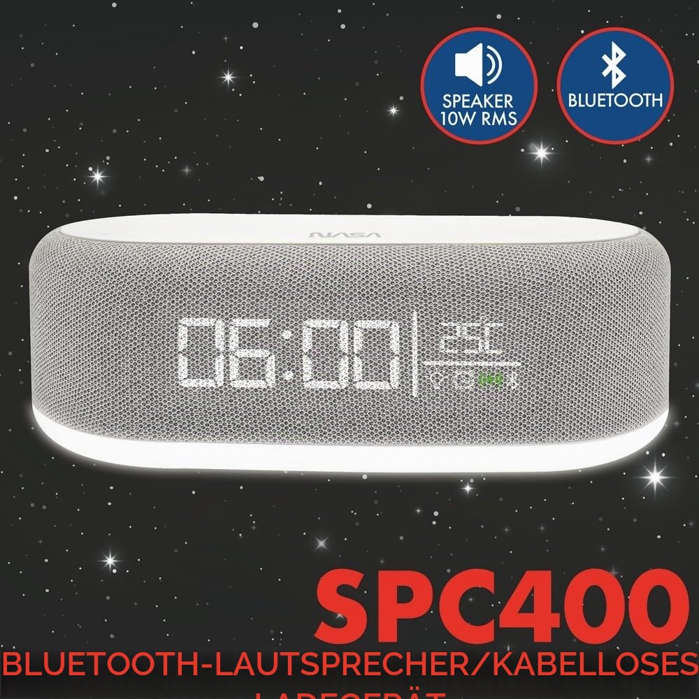 NASA Wecker SPC400 – Radiowecker, Bluetooth-Lautsprecher, Lautsprecher 5 W x 2, kabelloses Laden 15 W, Nachtlicht, Lithium-Akku, USB-C-Kabel im Lieferumfang enthalten – Grau